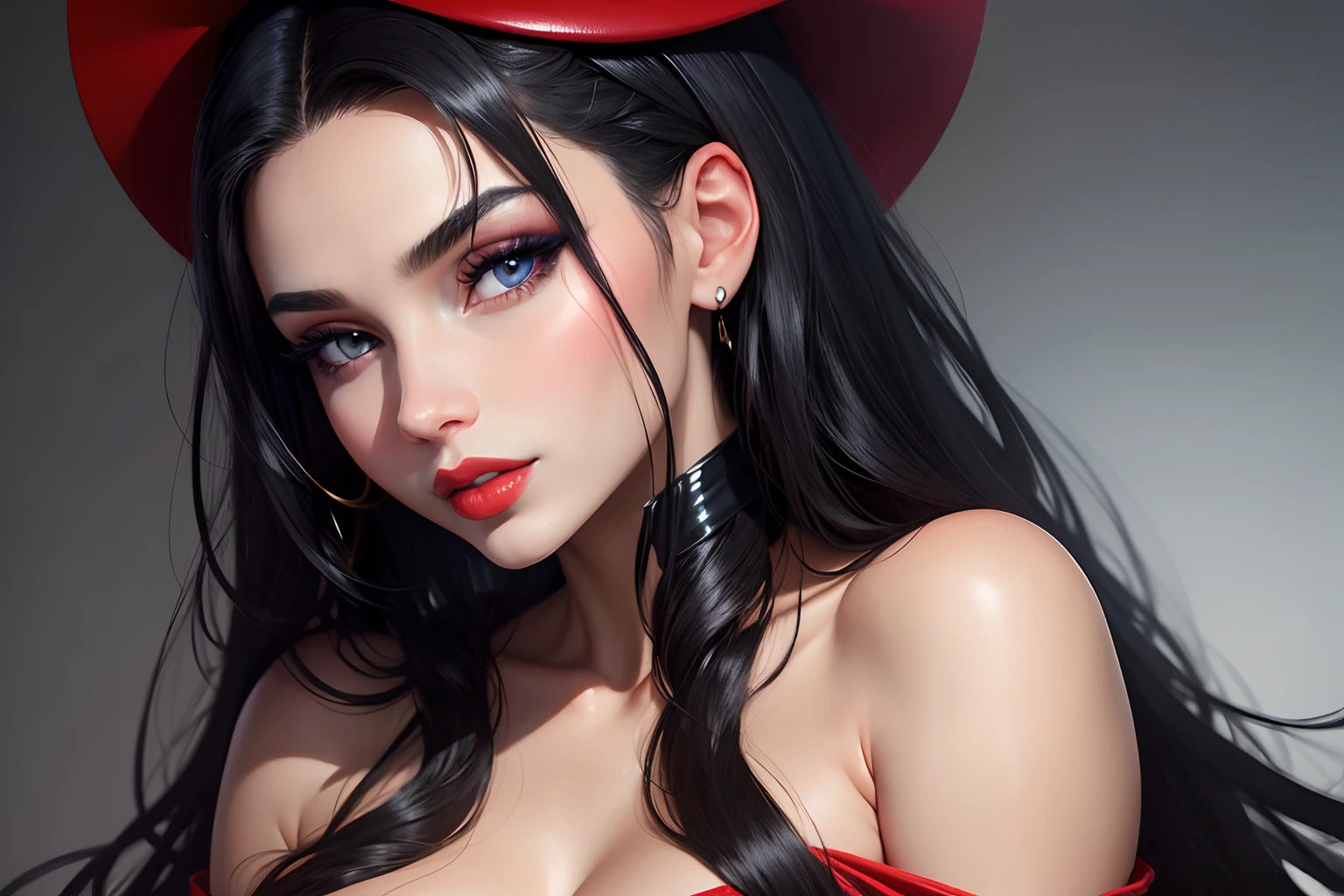 very beautiful woman, rounded face, thick lips, red lips, European ethnicity, black hair, blue eyes