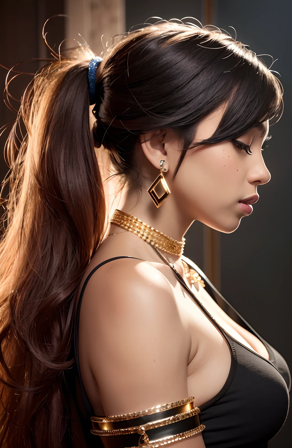 a black woman in profile, with tied up hair, shiny gold makeup, with a long gold necklace and earring, with soft lighting on a black background 4k --auto --s2