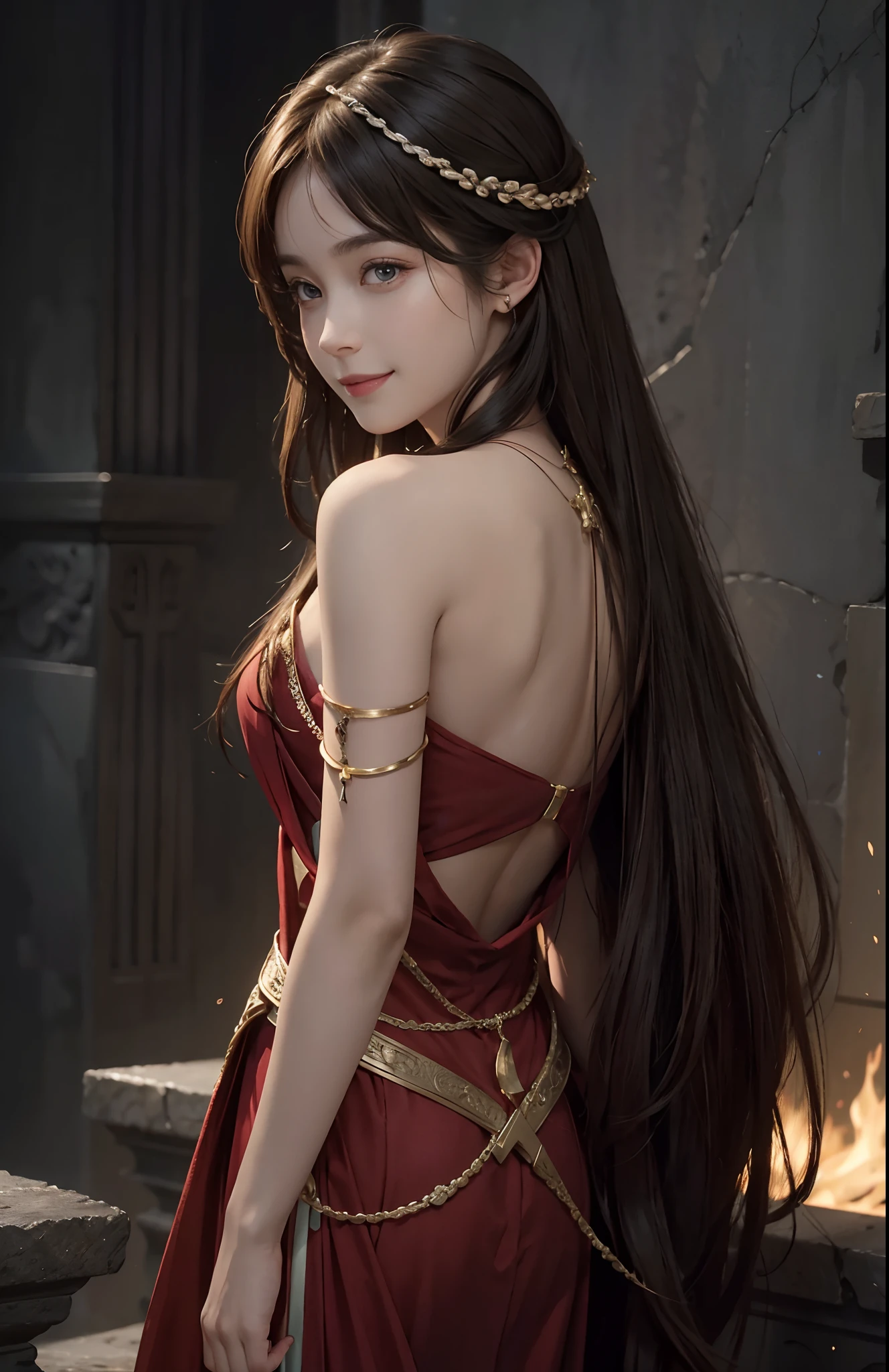 Skyland temple, open back, look back, look over shoulder, (Ultra Realistic), (Illustration), (Increased Resolution), (8K), (Extremely Detailed), (Best Illustration), (Beautiful and Detailed Eyes), (Best Quality), (Ultra Detailed), (Masterpiece ), ( wallpaper), (detailed face), solo, 1 girl, fine details, detailed face, deep shadows, low key, pureerosfaceace_v1, smiling, long hair, 46 points oblique bangs