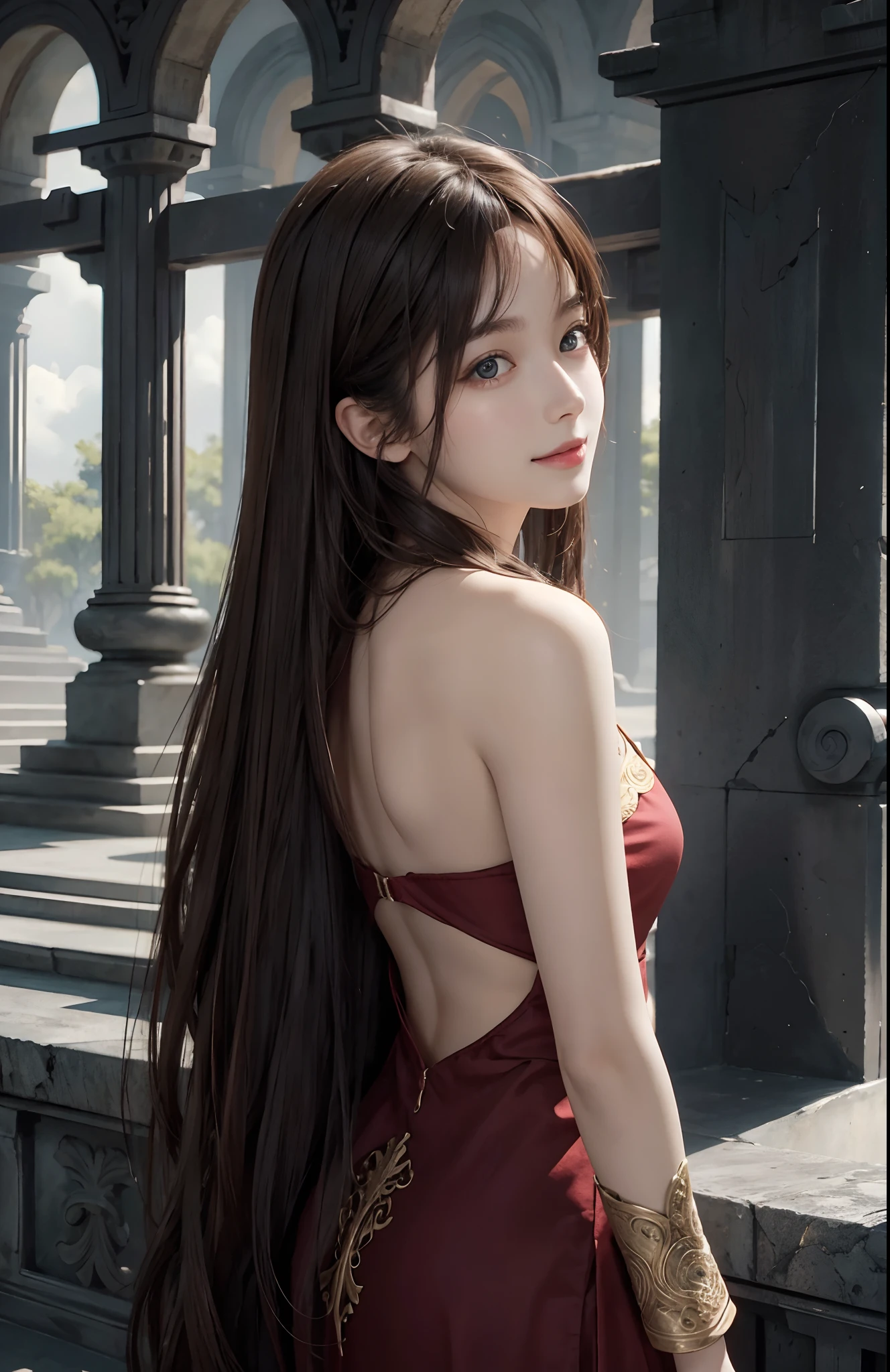 Skyland temple, open back, look back, look over shoulder, (Ultra Realistic), (Illustration), (Increased Resolution), (8K), (Extremely Detailed), (Best Illustration), (Beautiful and Detailed Eyes), (Best Quality), (Ultra Detailed), (Masterpiece ), ( wallpaper), (detailed face), solo, 1 girl, fine details, detailed face, deep shadows, low key, pureerosfaceace_v1, smiling, long hair, 46 points oblique bangs