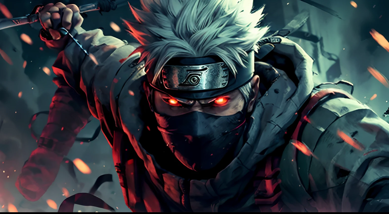 kakashi, 1boy, male focus, solo, glowing, red eyes, ninja, weapon, glowing eyes, holding, looking at viewer, fingerless gloves, gloves, holding weapon, sword, black gloves