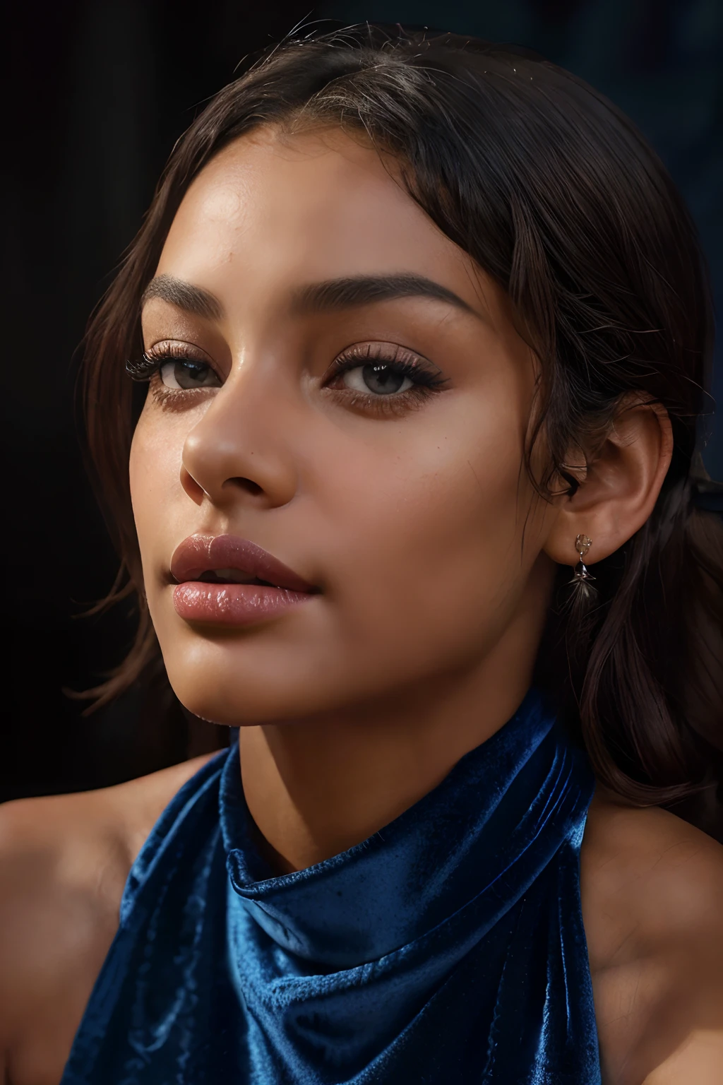 a stunning black female portrait, Her deep, ebony skin is smooth and radiant, ((she's sits in close-up with blue velvet background)), (highest quality fabric velvet texture), lush blue drapery with accent highlights, film quality, dark skinned woman, (ultra-realistic , she's in deep darkness ,soft accent candlelight, gorgeous rembranndt like lighting, (Rembrandt patch), (highest quality fabric velvet texture), blue drapery, Her luscious, curly hair cascades down, framing her face with an aura of untamed allure. With striking almond-shaped eyes, adorned with long, fluttering lashes, eyes, the color of rich, dark chocolate, a world of seduction and passion. Finely detailed(Fine-grained), (highest detail skin texture peach-fuzz earlobe realistic) ○○ res – ○○ resolution ultra high res(A high resolution) , very high texture res(light resolution), Realistic – Realistic Photorealistic – (photorealistic beautiful eyes, pupil colors, 4k) , 8K,extreme detail, close and intimate, she looks to viewer, captivating eyes looking at us,Her perfectly sculpted lips, highly real lipglass,painted a bold shade of crimson. she is Ingres, Vermeer, is a work of art, curvaceous and enticing. indulge in the exploration of desire.solo woman, (highest quality fabric velvet texture), blue drapery flowing background, long dark hair, every detail,Fine facial features, Masterpiece – Masterpiece ○○ quality – ○○ quality best quality(Highest Quality) ,Leica film, best, solo female, High quality (hiquality) etc ○○ detailed – ○○ details ultra detailed(Ultra-fine ), Photorealistic, Extremely detailed(Extremely detailed) , Finely detailed(Fine-grained), (highest detail skin texture peachfuzz earlobe realistic) etc ○○ res – ○○ resolution ultra high res(A high resolution) , very high texture res(light resolution), Realistic – Realistic Photorealistic – photorealistic beautiful – beautiful 4k , 8K, ancient sexuality, close and intimate,