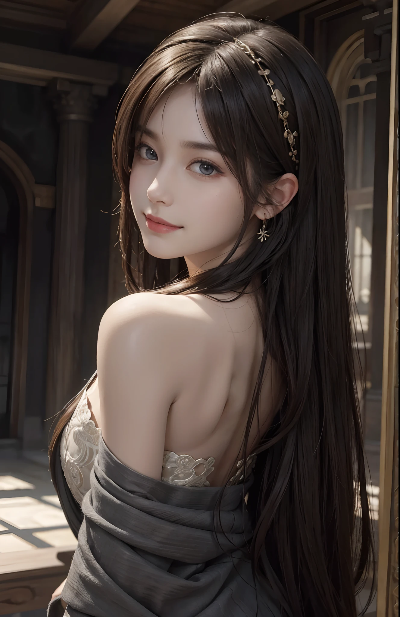 Skyland temple, open back, look back, look over shoulder, (Ultra Realistic), (Illustration), (Increased Resolution), (8K), (Extremely Detailed), (Best Illustration), (Beautiful and Detailed Eyes), (Best Quality), (Ultra Detailed), (Masterpiece ), ( wallpaper), (detailed face), solo, 1 girl, fine details, detailed face, deep shadows, low key, pureerosfaceace_v1, smiling, long hair, 46 points oblique bangs