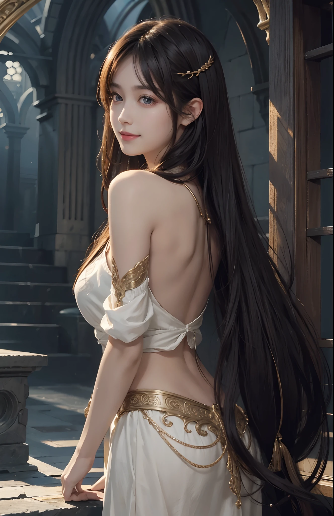 Skyland temple, open back, look back, look over shoulder, (Ultra Realistic), (Illustration), (Increased Resolution), (8K), (Extremely Detailed), (Best Illustration), (Beautiful and Detailed Eyes), (Best Quality), (Ultra Detailed), (Masterpiece ), ( wallpaper), (detailed face), solo, 1 girl, fine details, detailed face, deep shadows, low key, pureerosfaceace_v1, smiling, long hair, 46 points oblique bangs