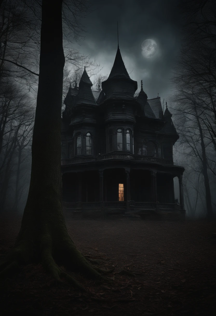 (best quality,4k,8k,highres,masterpiece:1.2),ultra-detailed,(realistic,photorealistic,photo-realistic:1.37),horror book cover,old,spooky wooden house,night roar,full moon,dark shadows,creepy atmosphere,eerie mist,twisted trees,mysterious figures,hauntingly beautiful,morbid fascination,frighteningly captivating,gothic architecture,mysterious secrets,ominous presence,unsettling silence,enchanted darkness,ancient curse,strange symbols,dreadful anticipation,macabre enchantment,shivering suspense,dark secrets,sinister aura,horrible nightmares,spectral apparitions,horrifyingly vivid imagery,ominous whispers,terrifying suspense,goosebumps-inducing,dark corridors,nightmarish horrors,heart-pounding terror,mind-bending illusions,paranormal activity,visceral fear,horror-themed masterpiece