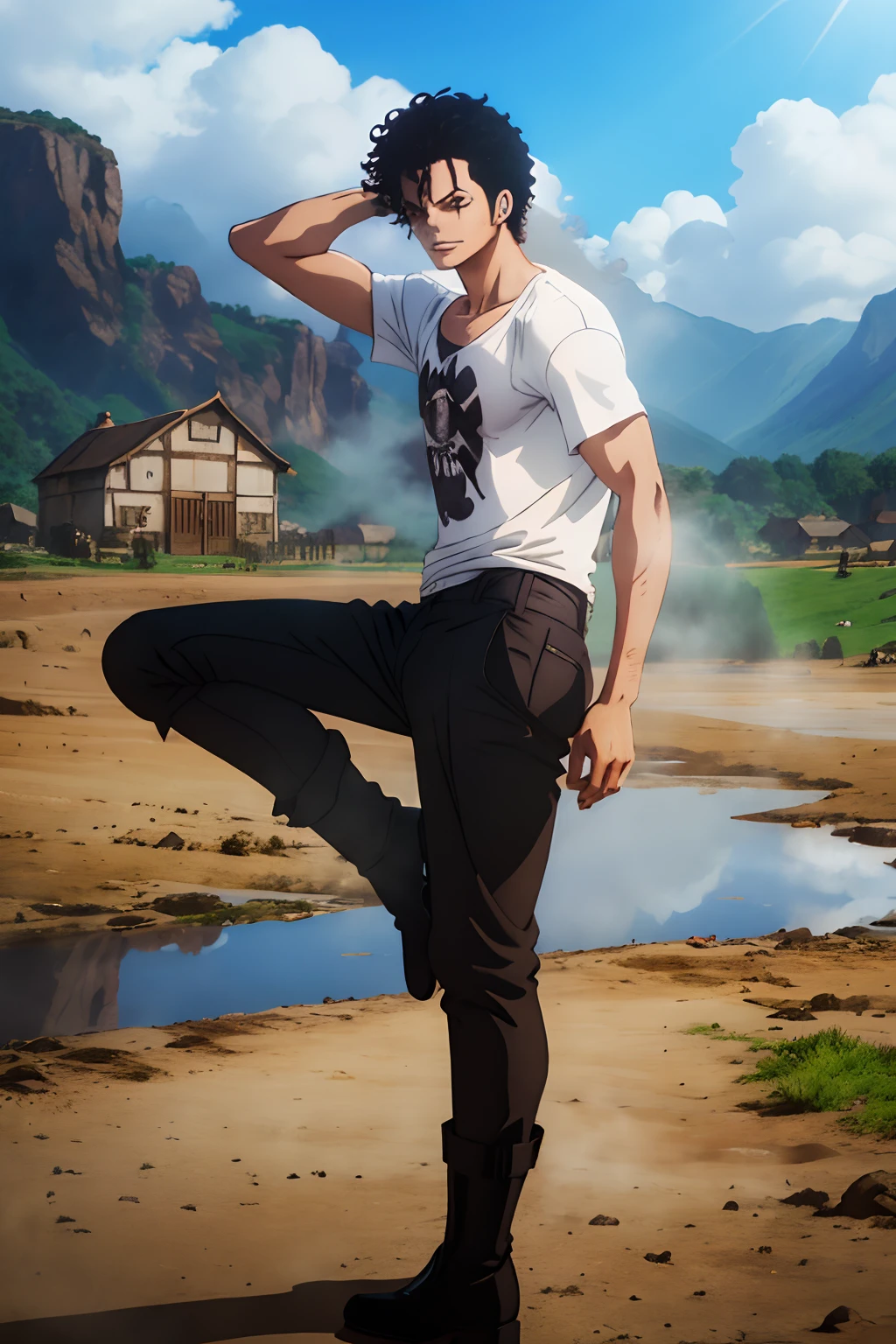 1boy, happy, black short curly hair like michael jackson, smoke, mist, white shirt, brown trousers, black boots, one piece style, has a cool crew, good looking guy, on a land, village in the background, mist powers, strong, sunny day, reflections, sunlight, beautiful eyes and face