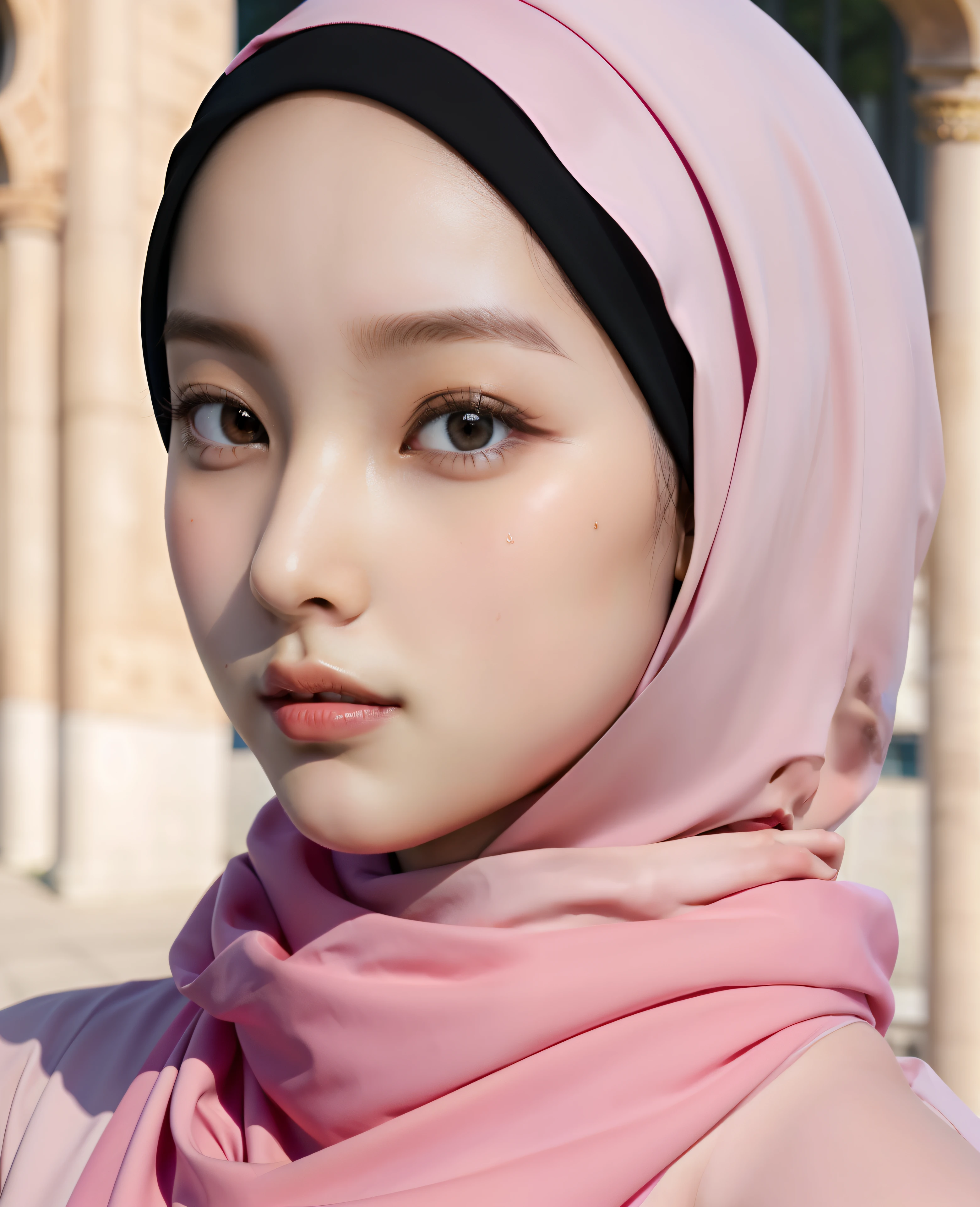 (masterpiece),(very detailed),a half body of a asian woman wearing a hijab and a black and pink shirt, beautiful aesthetic face, her skin is light brown, mosque background, girl cute-fine-face, attractive female face!!!, with accurate face, attractive beautiful face, beautiful delicate face, very pretty face, with cute - fine - face, hijab, attractive girl, cute - fine - face, cute-fine-face