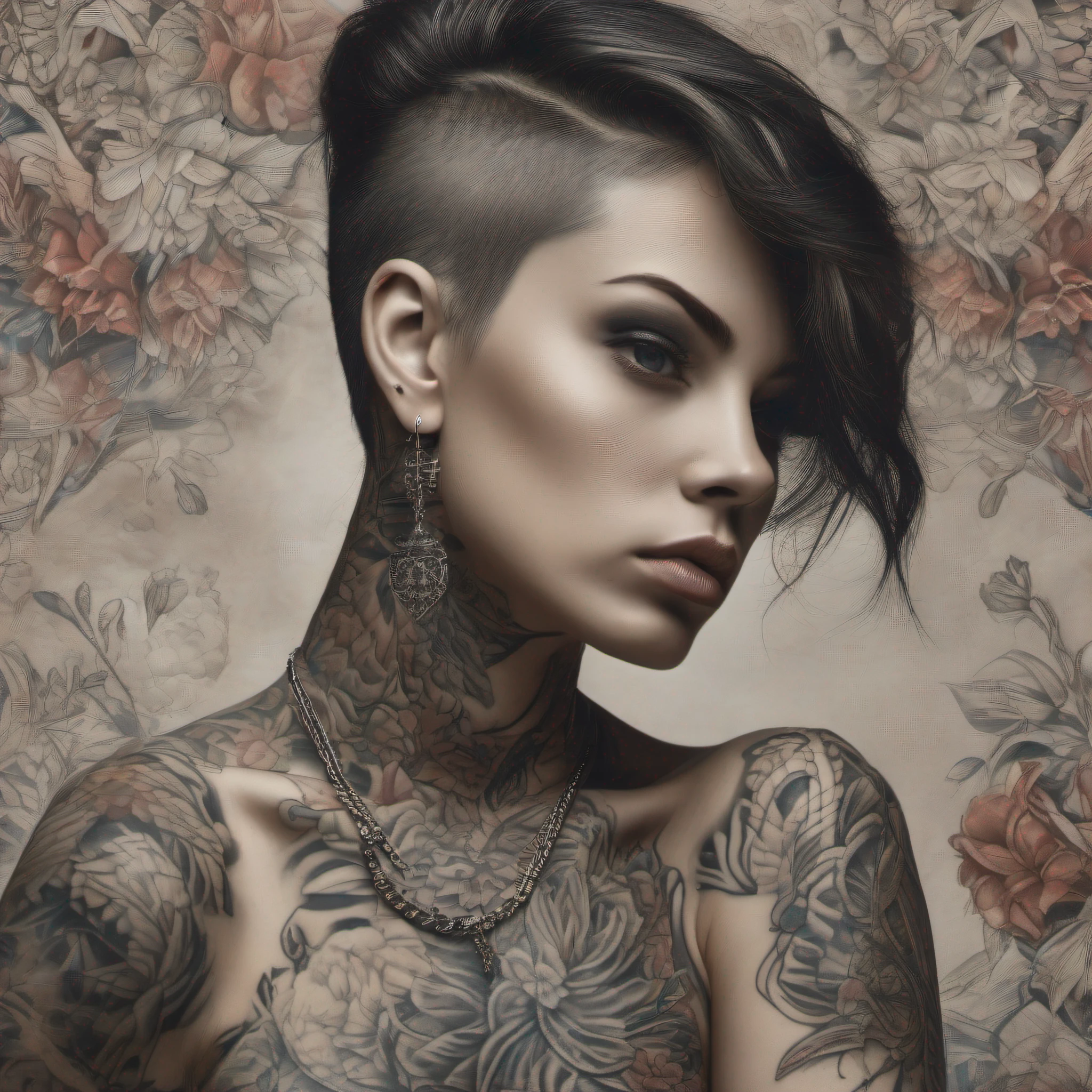a portrait of Beautiful Badass tatooed woman , intrinsic details,masterpiece,hyper realistic, hd, 8k
