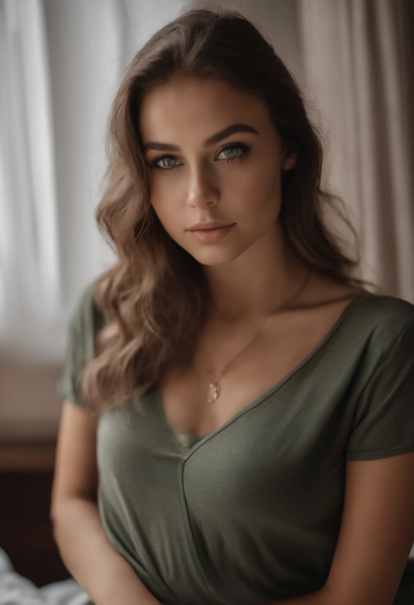arafed woman without clothes and a necklace, sexy girl with green eyes, portrait sophie mudd, brown hair and large eyes, selfie of a young woman, bedroom eyes, violet myers, without makeup, natural makeup, looking directly at the camera, face with artgram, subtle makeup, stunning full body shot, piercing green eyes, beautiful angle, attractive pose, cute girl, sexy pose, full body picture, full body, full body shoot, wearing grey skirt and boots, skirt, boots