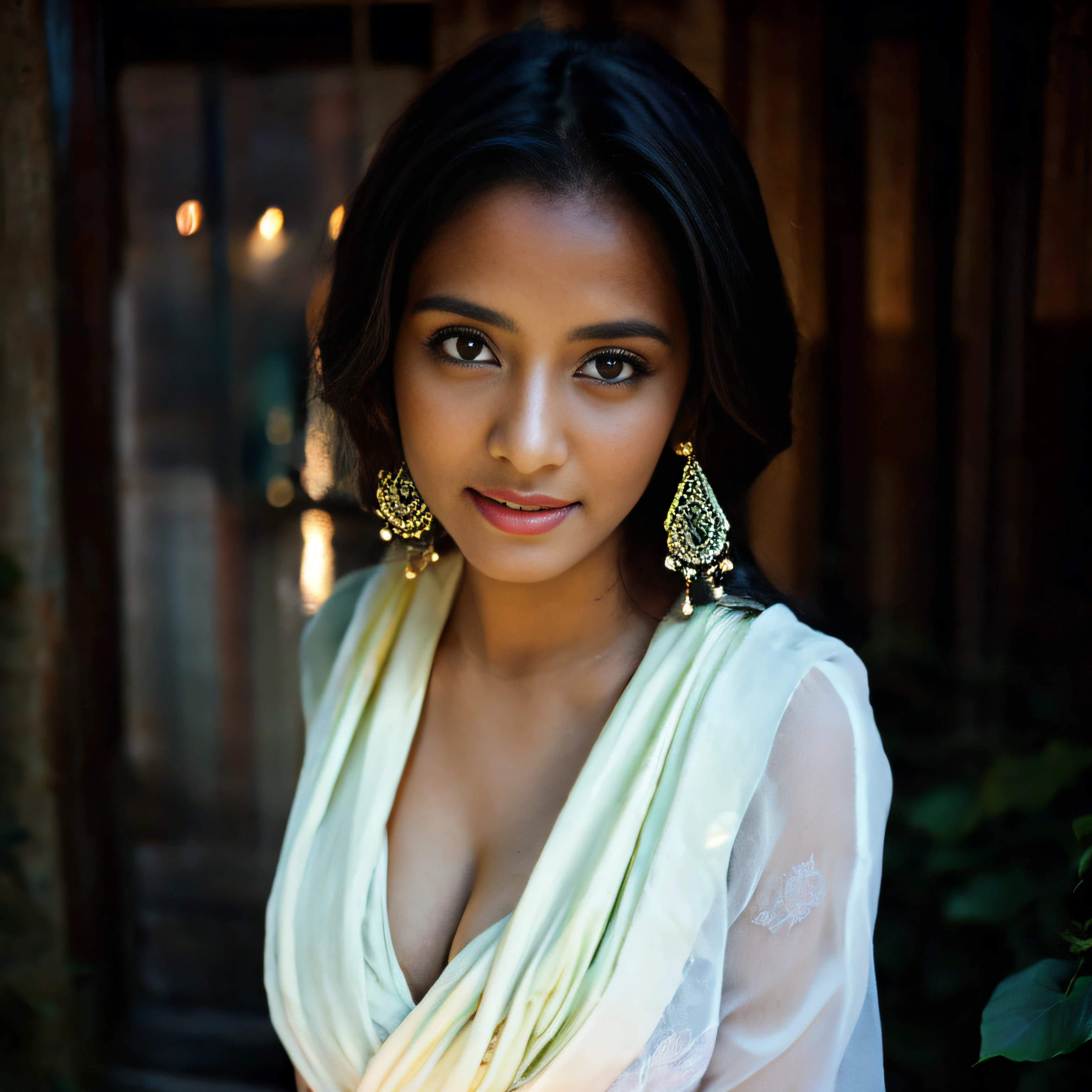 a srilanka female model 25yo in a white sari medium  breast posing for a picture, draped in fleshy off white and green, with lovely look, stylish pose, mid shot portrait,  shot on 1 5 0 mm, * out door background *, realistic photograph, traditional beauty, with a seductive smile, photo hd, by rajesh soni, with beautiful colors,   ((film grain, skin details, high detailed skin texture, 8k hdr, dslr)), photography taken by sony DSLR, Hd image