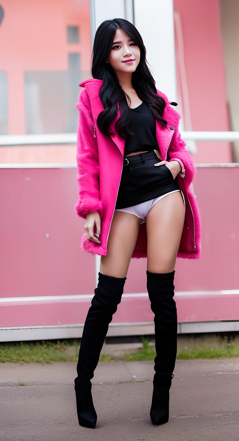 Young girl, Strict jacket, tight panties, stylish, long black hair, glare expression, little smile, eyeshadow, staring intently, full body, high heels, pink polish nails, outdoor, beautiful face, masterpiece