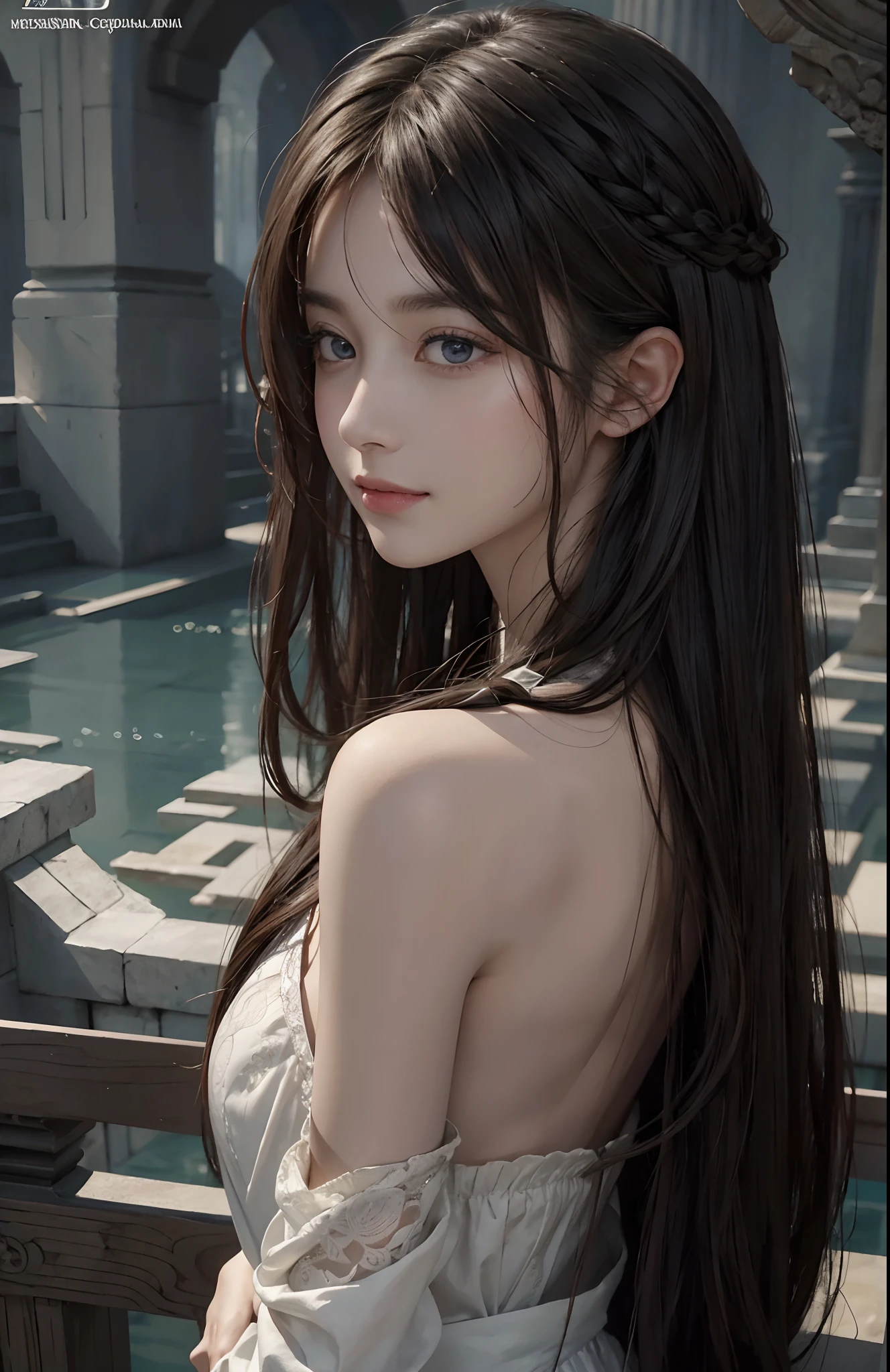 Skyland temple, look back, look over shoulder, (Ultra Realistic), (Illustration), (Increased Resolution), (8K), (Extremely Detailed), (Best Illustration), (Beautiful and Detailed Eyes), (Best Quality), (Ultra Detailed), (Masterpiece ), ( wallpaper), (detailed face), solo, 1 girl, fine details, detailed face, deep shadows, low key, pureerosfaceace_v1, smiling, long hair, 46 points oblique bangs