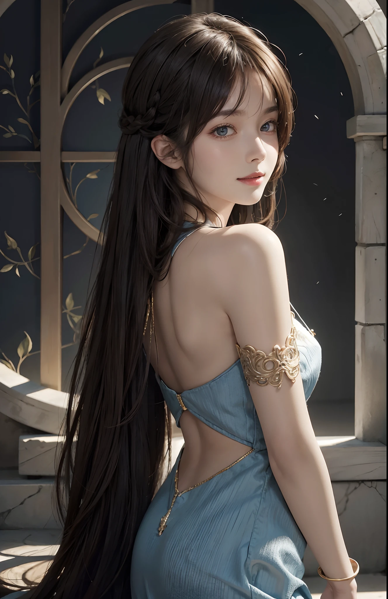 Skyland temple, look back, look over shoulder, (Ultra Realistic), (Illustration), (Increased Resolution), (8K), (Extremely Detailed), (Best Illustration), (Beautiful and Detailed Eyes), (Best Quality), (Ultra Detailed), (Masterpiece ), ( wallpaper), (detailed face), solo, 1 girl, fine details, detailed face, deep shadows, low key, pureerosfaceace_v1, smiling, long hair, 46 points oblique bangs