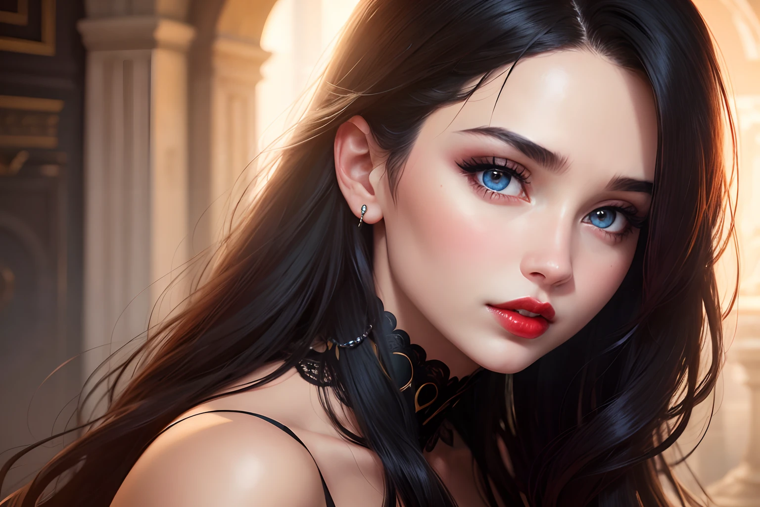 very beautiful woman, rounded face, thick lips, red lips, European ethnicity, black hair, blue eyes, ultra realistic, realistic, mega realistic.