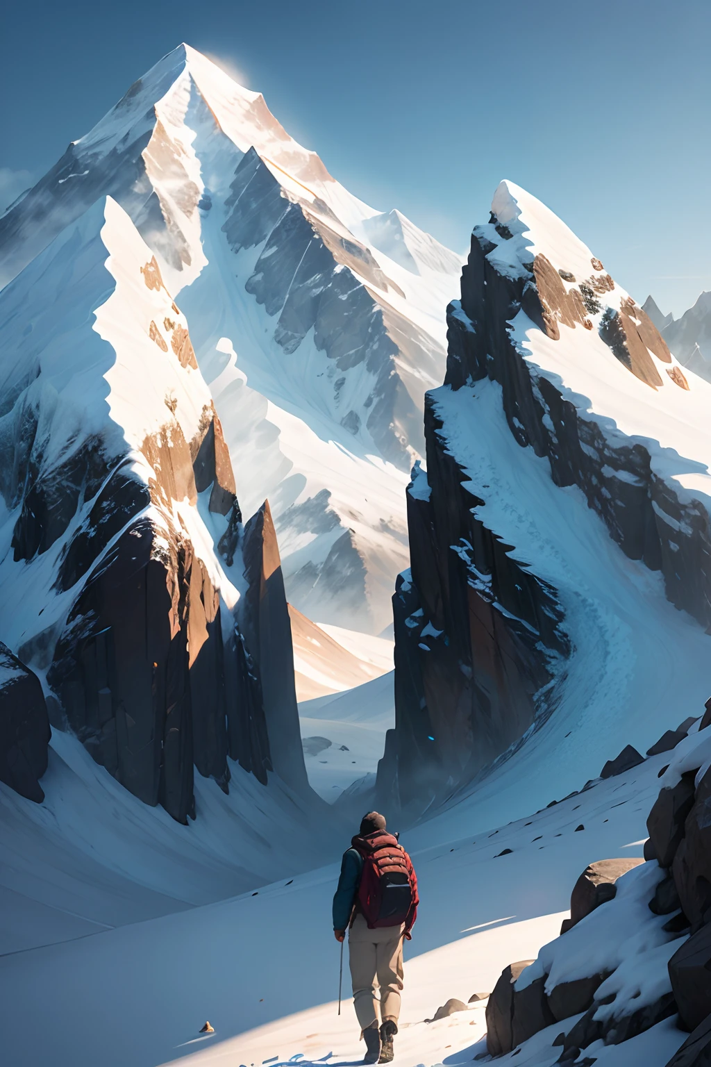 a middle-aged white man, black hair and eyes on Mount Everest, anime style, Makoto Shinkai
