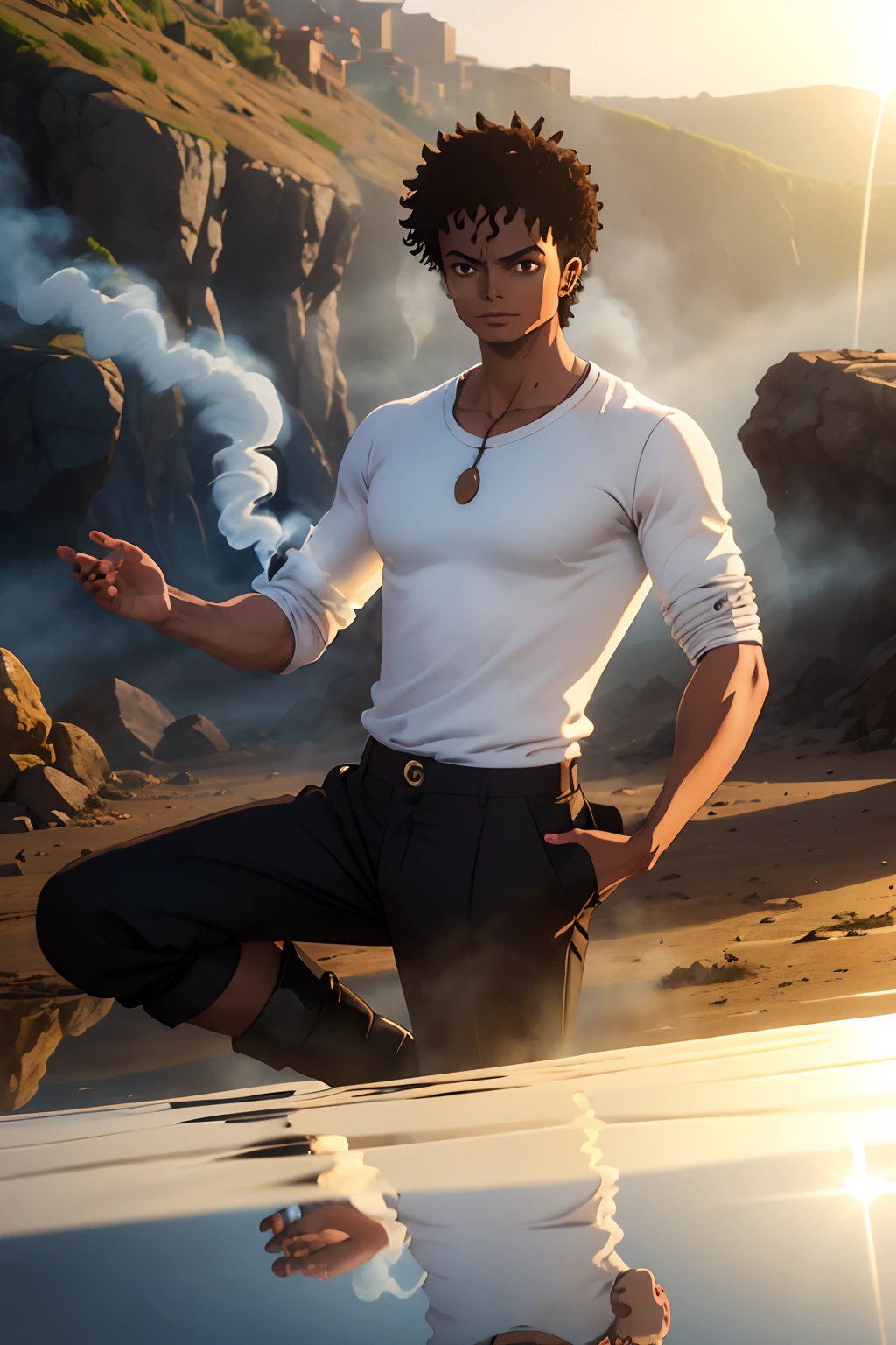 1boy, happy, black short curly hair like michael jackson, smoke, mist, white shirt, brown trousers, black boots, one piece style, has a cool crew, good looking guy, on a land, village in the background, mist powers, strong, sunny day, reflections, sunlight, beautiful eyes and face