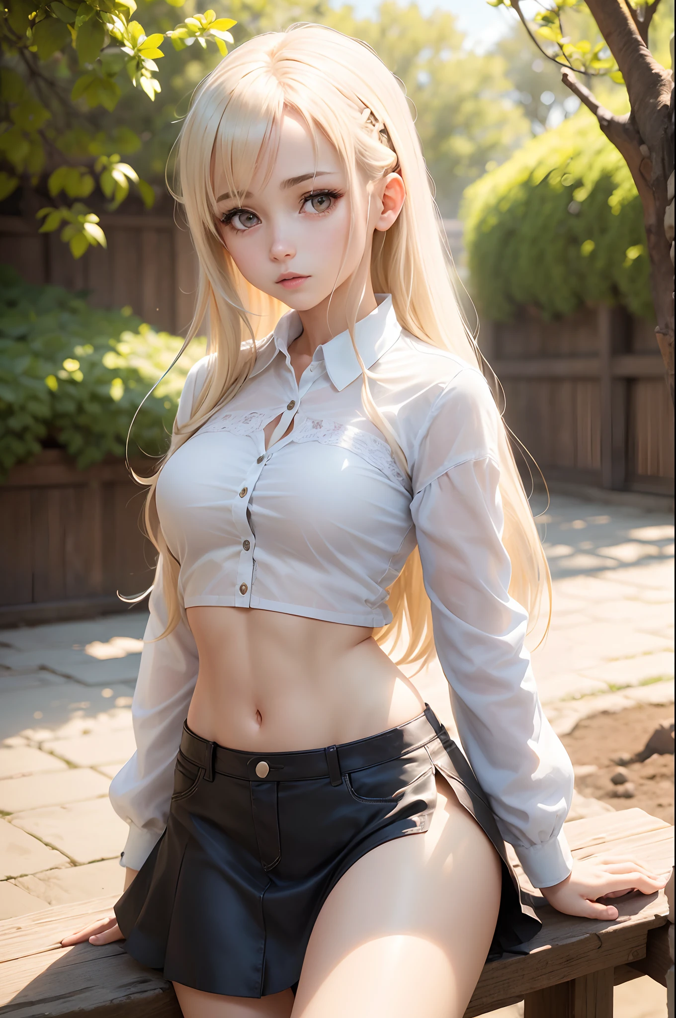 (((obra maestra)))), mejor calidad, solo, 1girl, high resolusion, cuerpo completo, cuerpo perfecto, cara perfecta, ojos perfectos, gran detalle, profundidad de campo, foco nítido, asuna yuuki, hermosa, camisa, falda, cabello blanco albino,