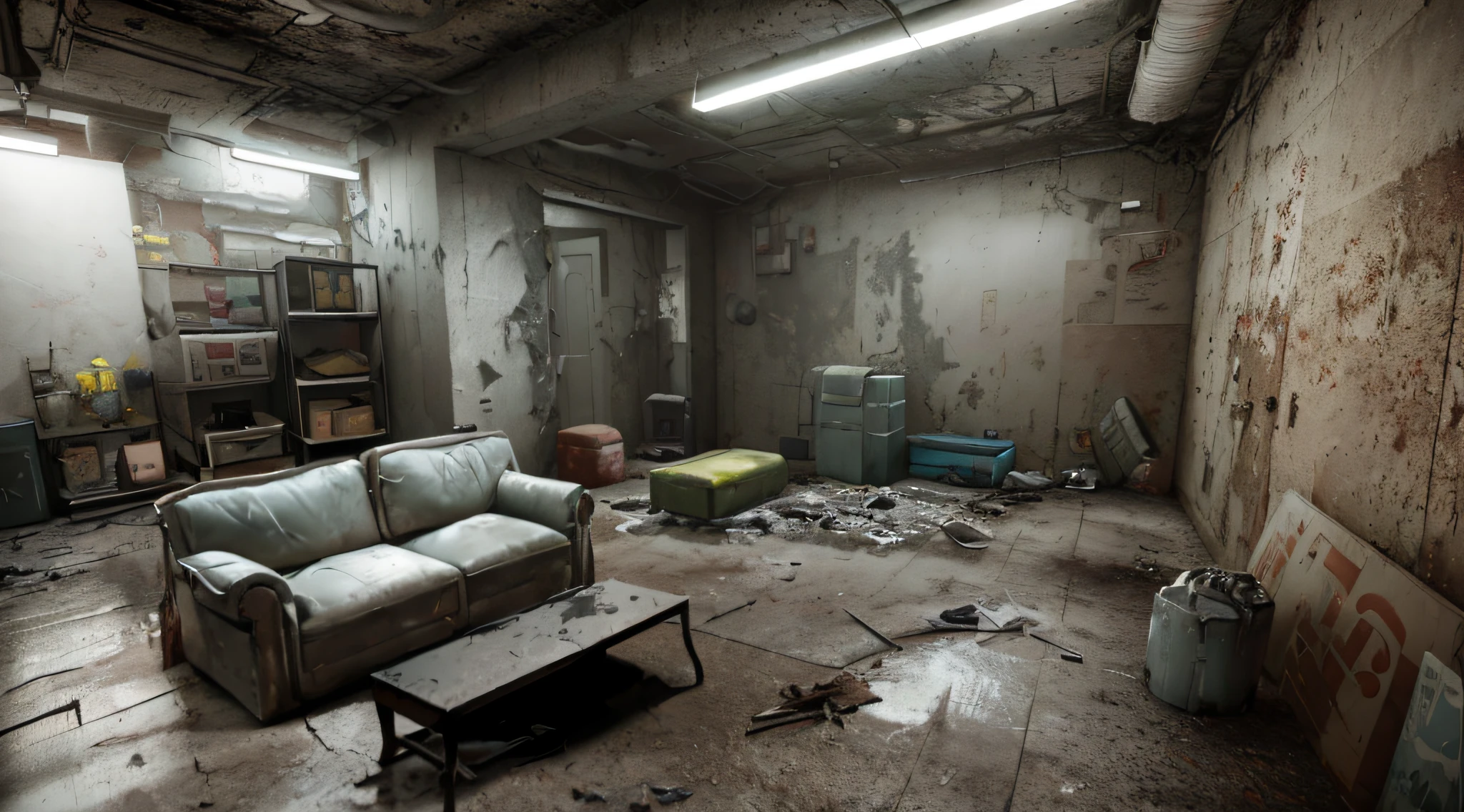there is a couch and a table in a dirty room, post apocalyptic room interior, photorealistic dark concept art, realistic unreal engine 3 d game, cyberpunk basement, unreal engine 3 d render, photorealistic room, ultra realistic concept art, rendered in unreal engine 3, dirty apartment, photorealistic concept art, by senior environment artist, unreal engine render concept art
