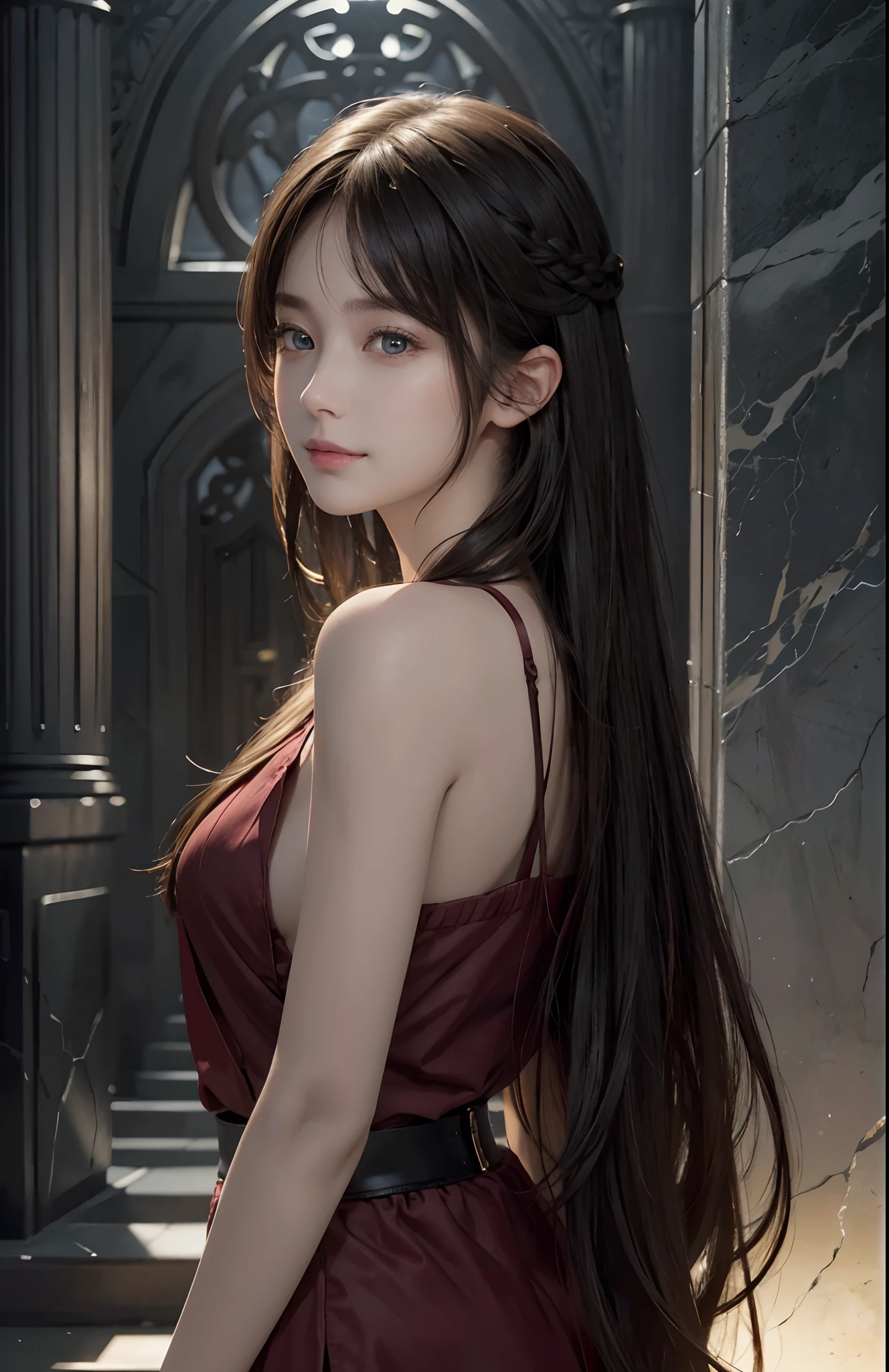 Skyland temple, look back, look over shoulder, (Ultra Realistic), (Illustration), (Increased Resolution), (8K), (Extremely Detailed), (Best Illustration), (Beautiful and Detailed Eyes), (Best Quality), (Ultra Detailed), (Masterpiece ), ( wallpaper), (detailed face), solo, 1 girl, fine details, detailed face, deep shadows, low key, pureerosfaceace_v1, smiling, long hair, 46 points oblique bangs