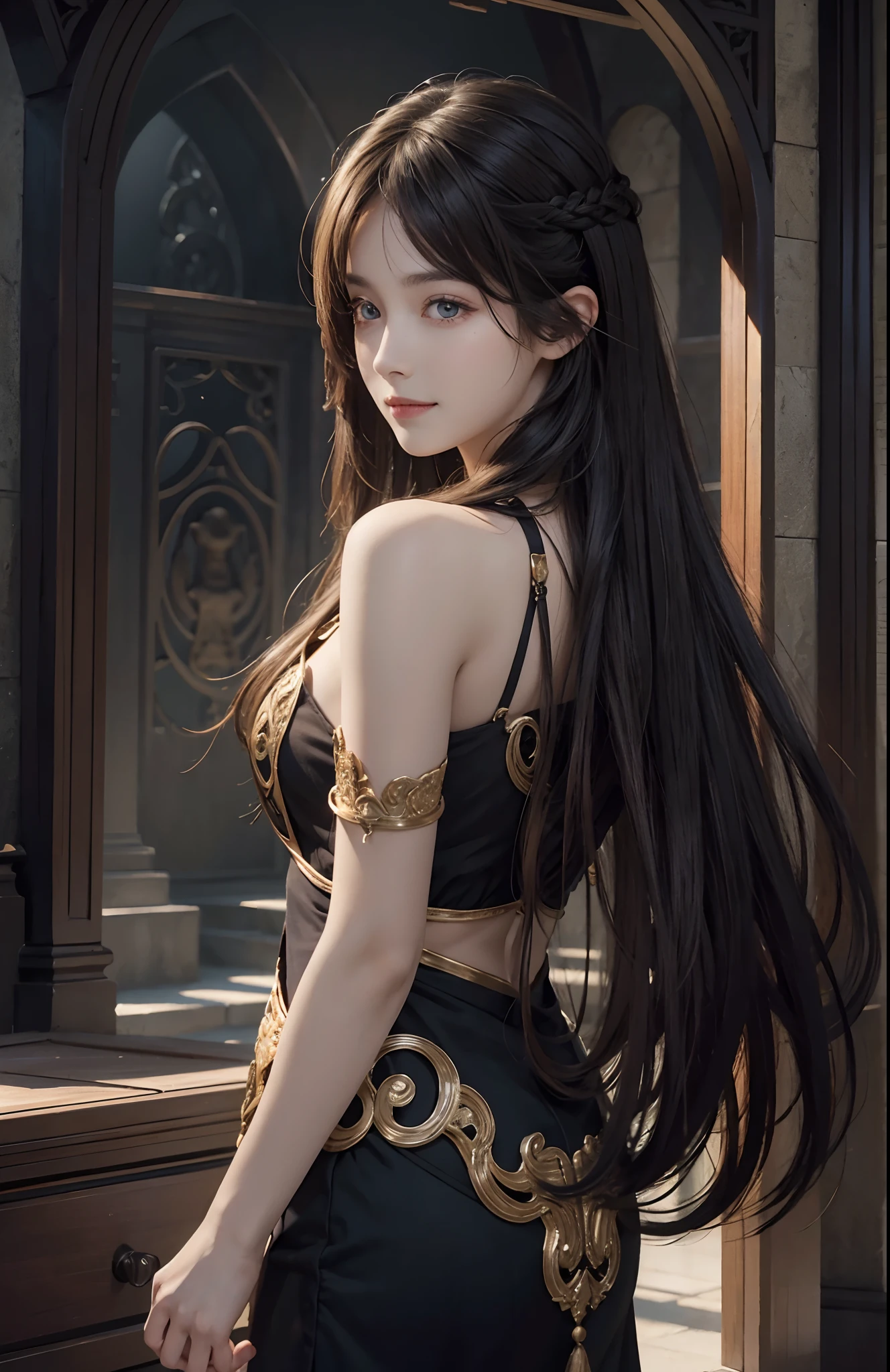 Skyland temple, look back, look over shoulder, (Ultra Realistic), (Illustration), (Increased Resolution), (8K), (Extremely Detailed), (Best Illustration), (Beautiful and Detailed Eyes), (Best Quality), (Ultra Detailed), (Masterpiece ), ( wallpaper), (detailed face), solo, 1 girl, fine details, detailed face, deep shadows, low key, pureerosfaceace_v1, smiling, long hair, 46 points oblique bangs