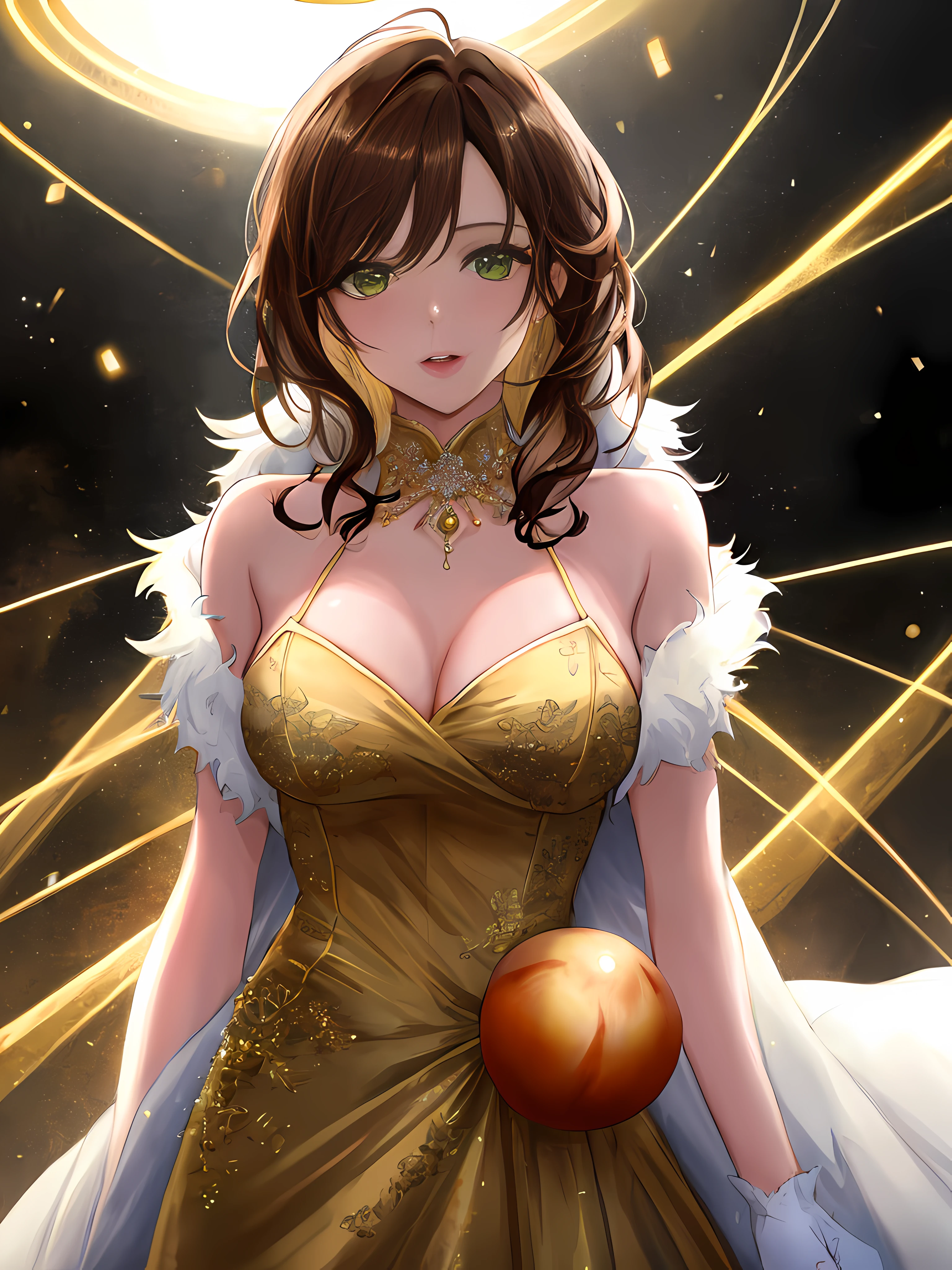 A beautiful young woman, 23 years old, pianist, at a recital, performing a piece of music, wearing a golden and silver full-length fitted ball gown with bare shoulders, covering her arms with an extremely luxurious coat, white skin, brown hair, green eyes, extremely detailed light hazel eyes, detailed symmetric realistic face, extremely detailed natural skin texture, peach fuzz, messy hair, masterpiece, absurdres, nikon d850 film stock photograph, kodak portra 400 camera f1.6 lens, extremely detailed, amazing, fine detail, rich colors, hyper realistic lifelike texture, dramatic lighting, cinestill 800 tungsten, raw photo, high quality, highres, sharp focus, extremely detailed, cinematic lighting, 8k uhd