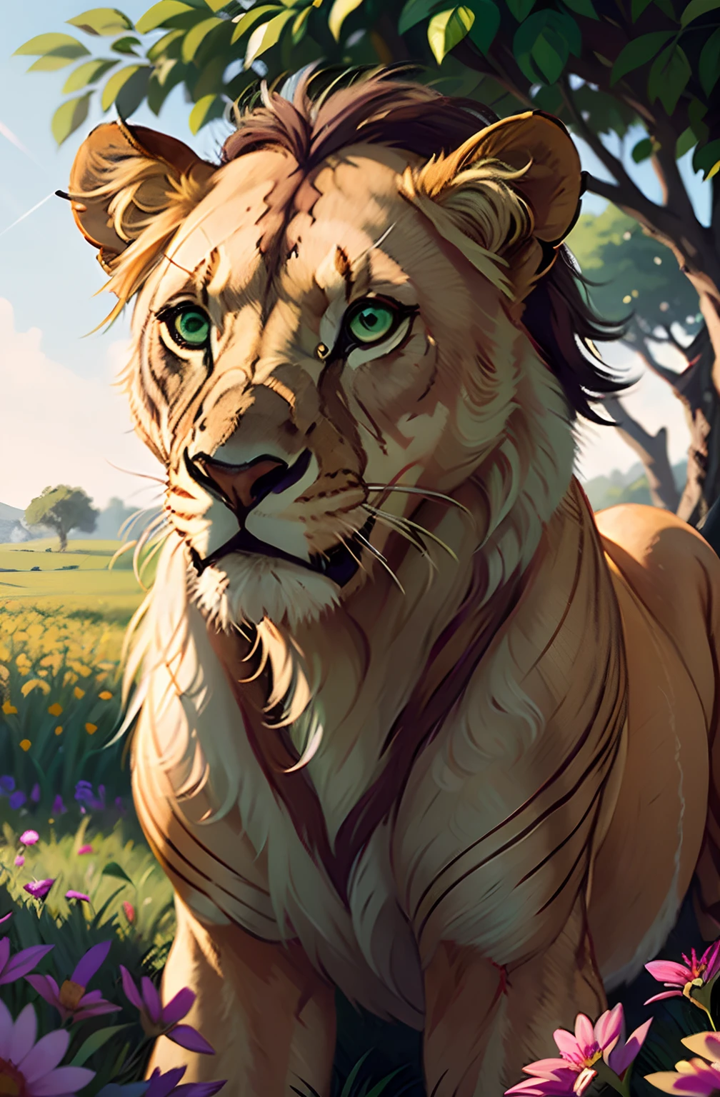 a stunning photo of a solo ((lioness)) surrounded by plants in a flower meadow, (((green eyes))), 8k resolution concept art( intricate details:1.2), sunlight, (high quality:1.2), trending on artstation, 8k, absurdres, extremely detailed fur, (close up:1.1)