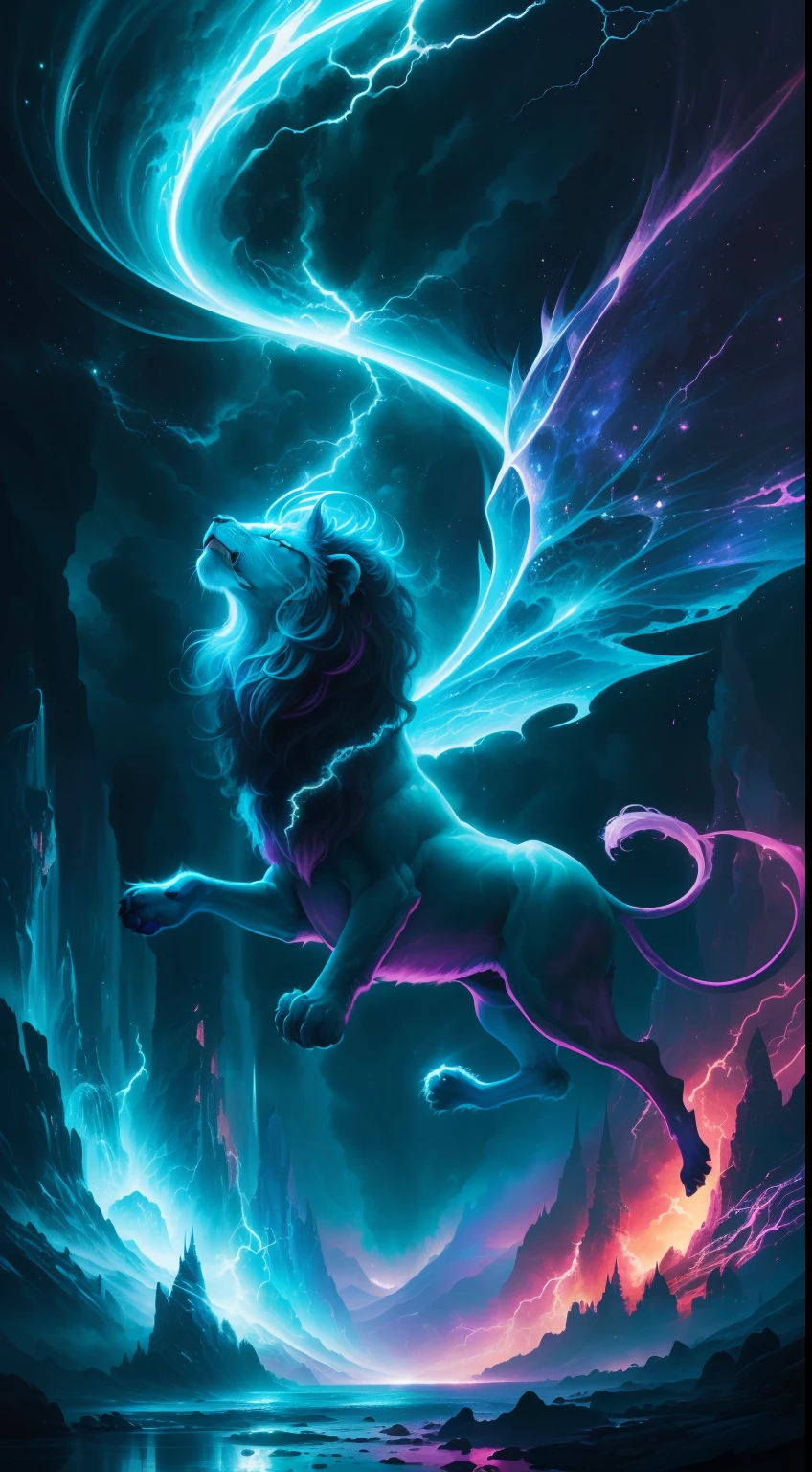 (best quality,highres,photo-realistic:1.37),(vibrant,electric,energetic) electric lion, fantasy art, (detailed, vivid, colorful) illustrations,painting, (mystical, magical) art style, (illuminated, bright) color palette, (dramatic, dynamic) lighting, (mythical creatures, enchanting scenery), (luminous, glowing, sparkling) effects, (intense, fierce) expression, (majestic, powerful) stance, (mysterious, captivating) atmosphere, (dreamlike, surreal) elements