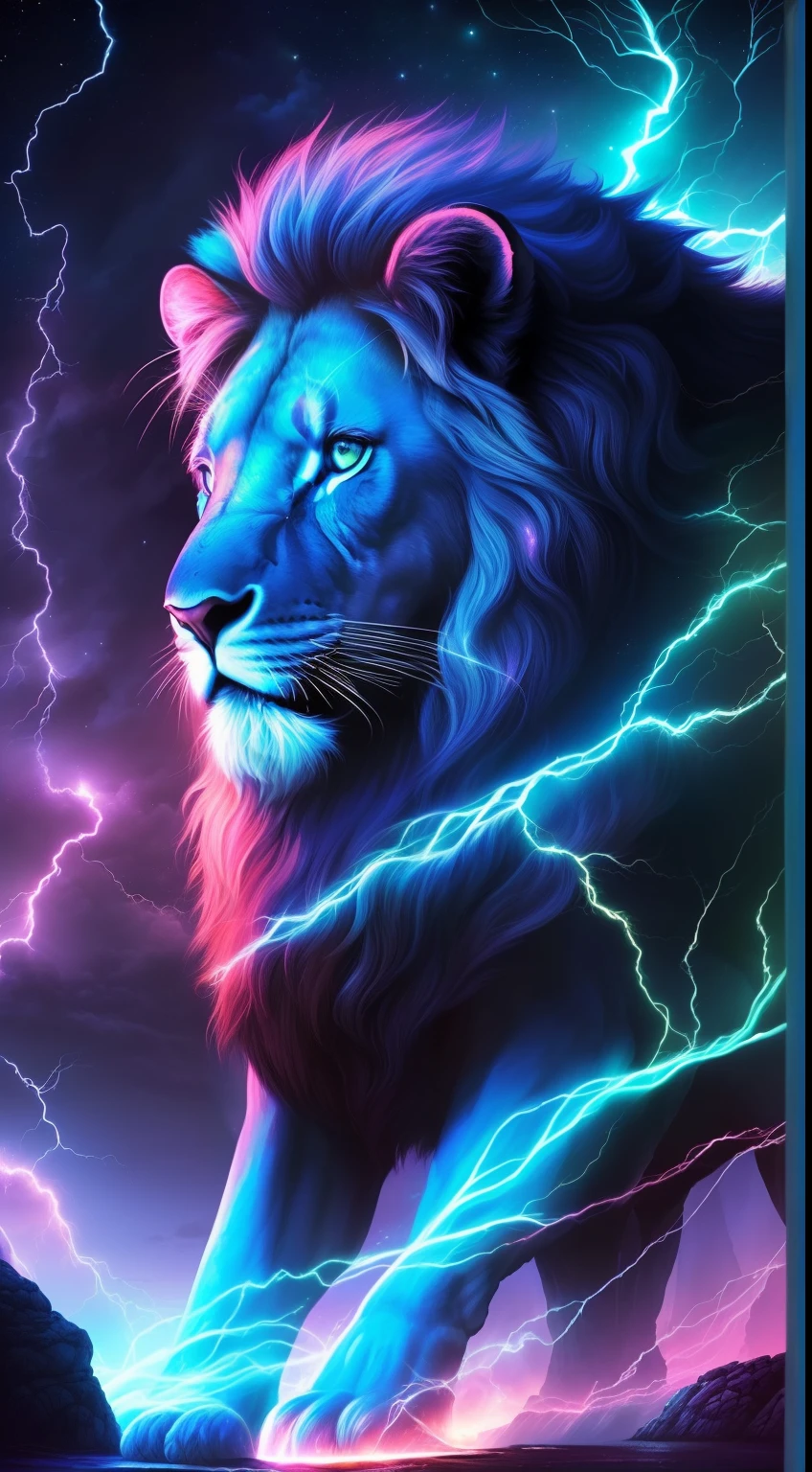 (La mejor calidad,Altas Resoluciones,fotorrealista:1.37),(Vibrante,electric,energetic) Electric lion, fantasy art, (Detallado, vivid, De color) Ilustraciones,pintura, (mistic, magica) Artistic style, (iluminado, brillante) Paleta de colores, (dramatic, dynamic) luci, (mythical creatures, Paisaje encantador), (luminoso, resplandeciente, chispeante) Efectos, (intenso, feroz) expression, (majestuoso, poderoso) STANCE, (Misterioso, cautivador) ambiance, (dreamlike, surrealista) Elementos