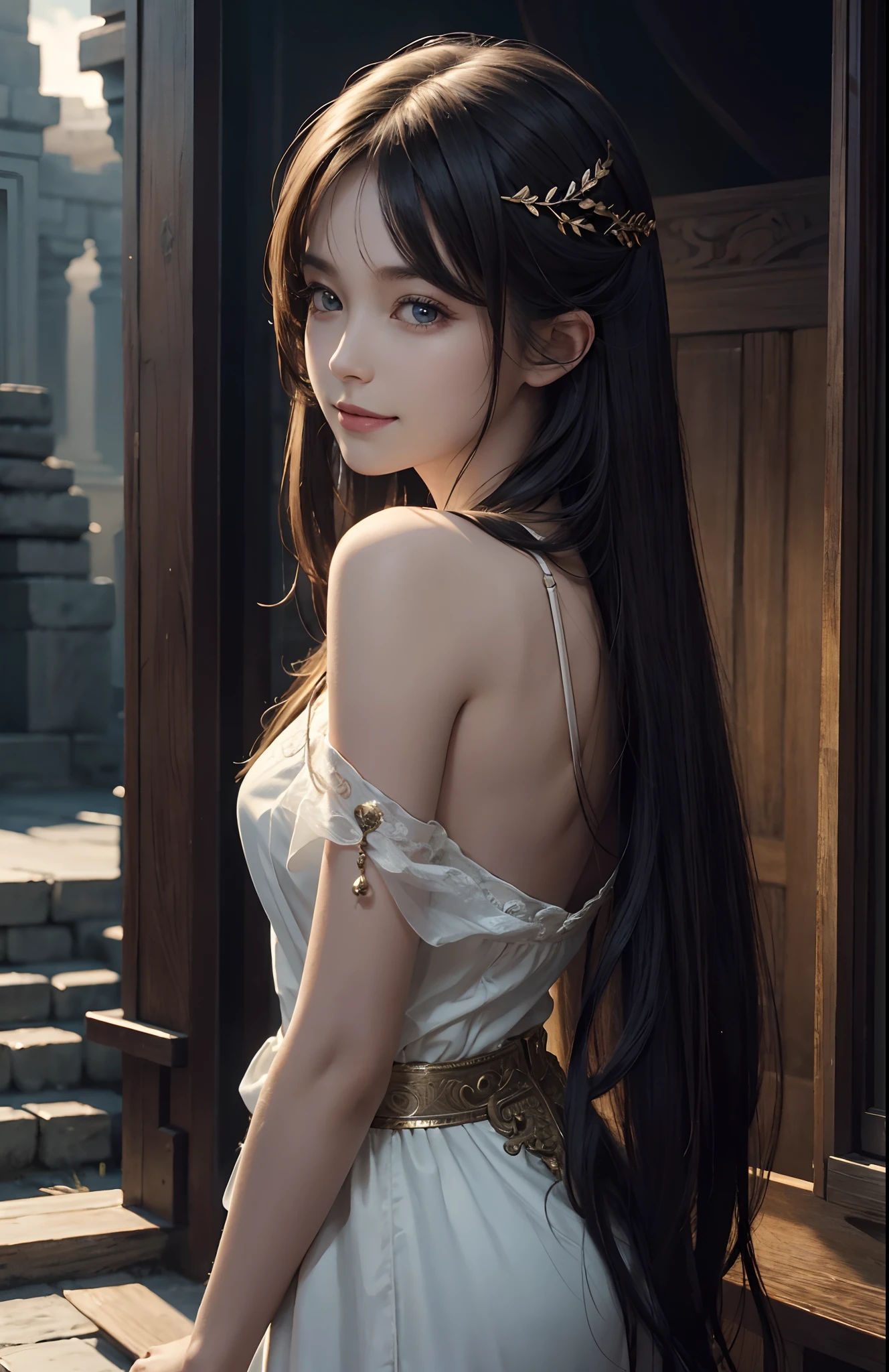Skyland temple, open back, look back, look over shoulder, (Ultra Realistic), (Illustration), (Increased Resolution), (8K), (Extremely Detailed), (Best Illustration), (Beautiful and Detailed Eyes), (Best Quality), (Ultra Detailed), (Masterpiece ), ( wallpaper), (detailed face), solo, 1 girl, fine details, detailed face, deep shadows, low key, pureerosfaceace_v1, smiling, long hair, 46 points oblique bangs
