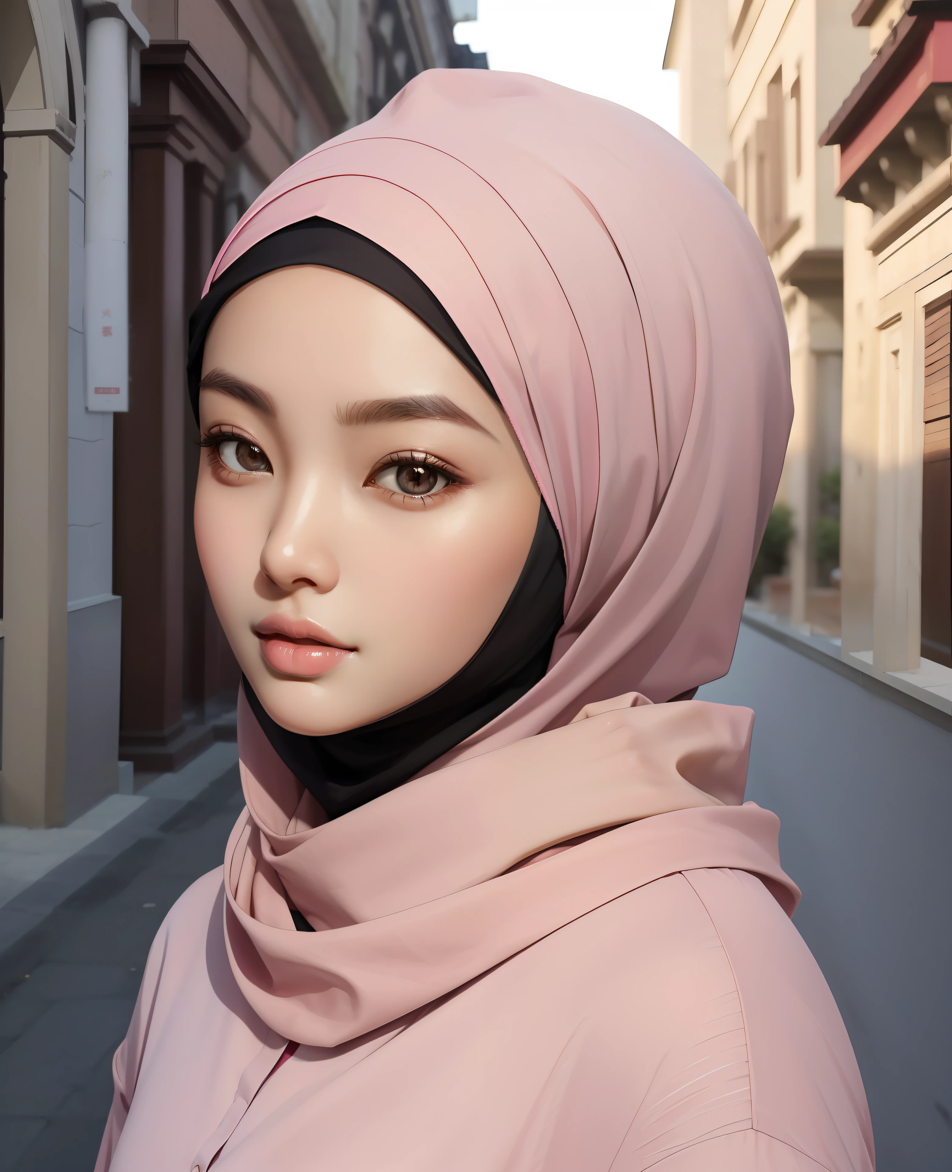 (masterpiece),(very detailed),a half body of a asian woman wearing a hijab and a black and pink shirt, beautiful aesthetic face, her skin is light brown, mosque background, girl cute-fine-face, attractive female face!!!, with accurate face, attractive beautiful face, beautiful delicate face, very pretty face, with cute - fine - face, hijab, attractive girl, cute - fine - face, cute-fine-face