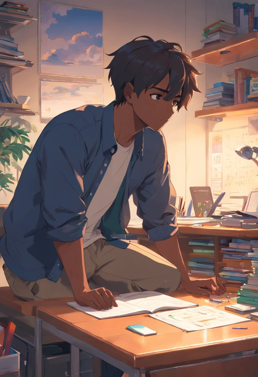 Create the illustration of a handsome black man hunched over his desk in a room full of distractions, as electronics, livros e tarefas inacabadas, symbolizing procrastination. Your expression should be one of weariness and exhaustion.