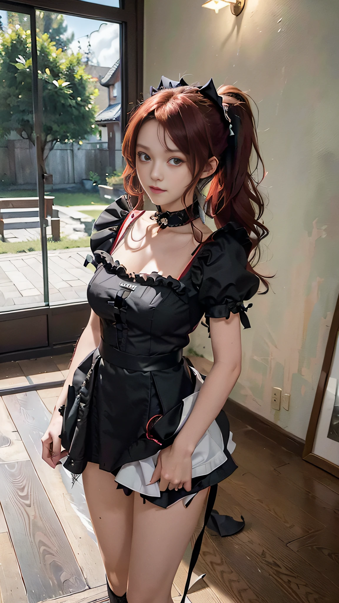 (((Two-dimensional illustration, (red hair with half twin tail), (3/4 eyes), a smile, a young girl of 18 years old, Cute symmetrical face, Black cat ears, red eyes, (Ruffled clothes, Clothing black lace), Interior Green color, a woman, full body, A masterpiece of 2D art, (Masterpiece,Top image quality:1.3),(Details:1.2),(1 girl in), All-black maid clothing , dark night)))