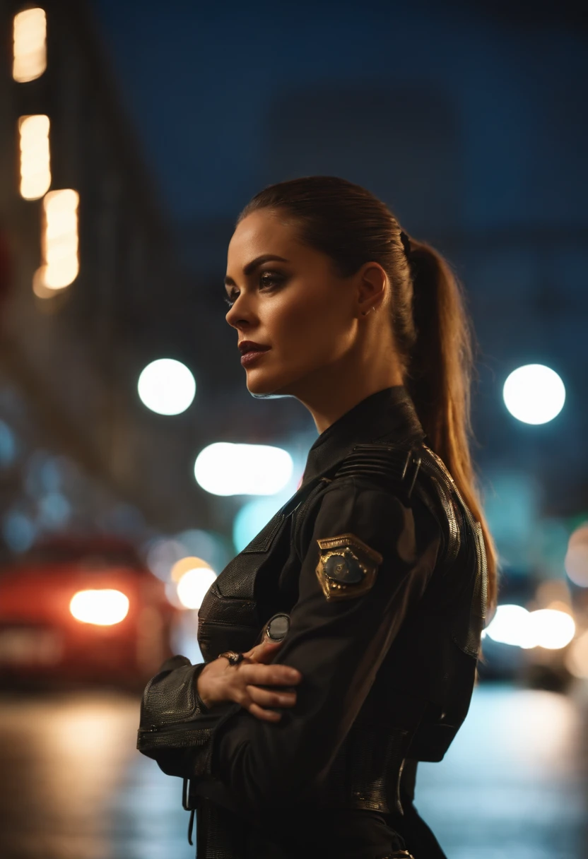 Mulher Trinity de Matrix atirando com duas pistolas no meio da rua, Cena de filmagem, 4k, Cinematic light