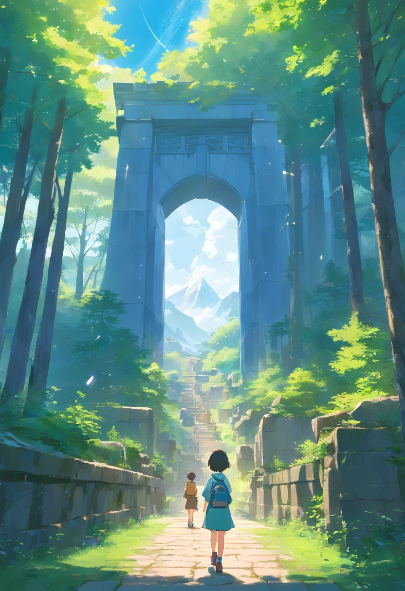 Faraway view、Landscapes、vanishing point、Outrageous resolution、A high resolution、ultra - detailed、The upper part is the sky、Below is the ground、Bright atmosphere、fanciful、、、Clean blue sky、The sun shines、Lots of stars、beautiful light up、Bright lighting、Soft lighting、Many shining magic lights、In the middle stood a dwarf、The story of the dwarves begins、His name is Dwarf、The surrounding buildings are in ruins、The forest is also laughing happily