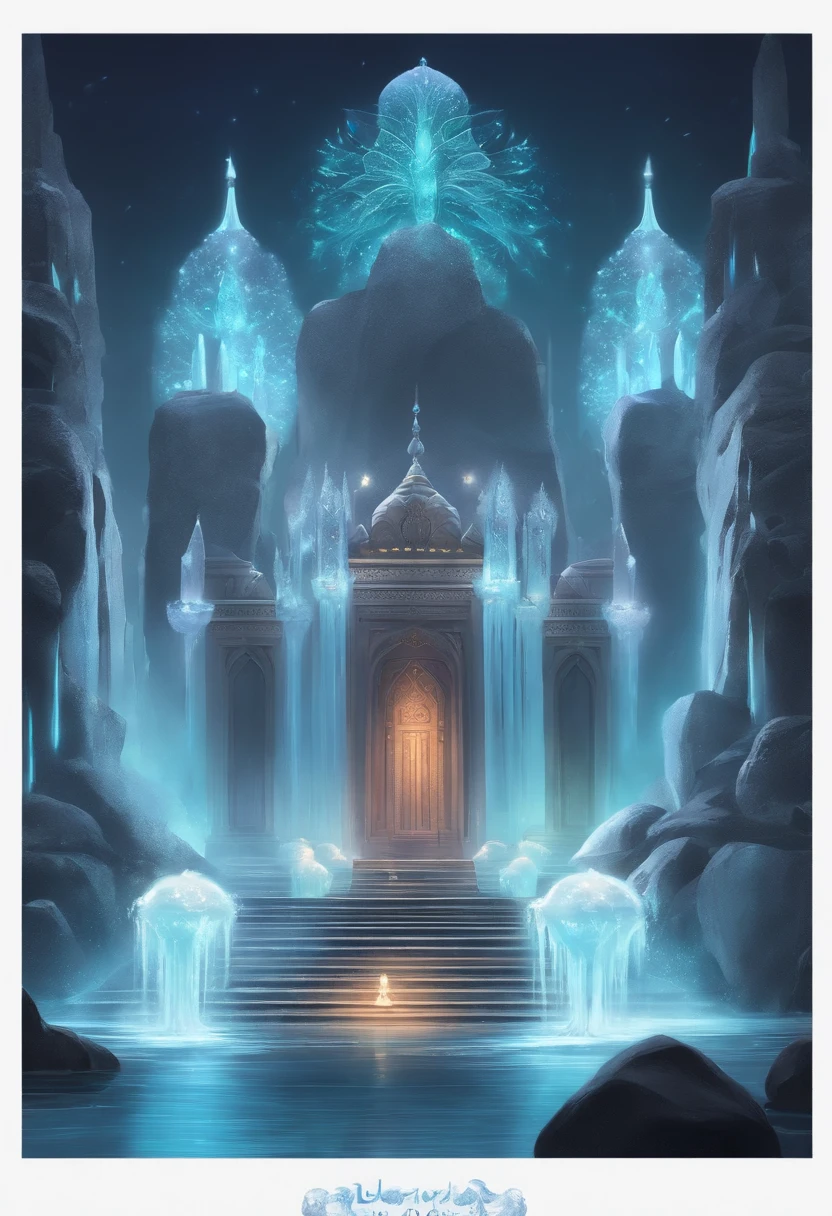 Ice fountains at night in the frozen kingdom,Fantastic concept art,light kingdom backdrop,Wonderful concept art,Radiant concept art,Onmyoji exquisite art,Fantasy 2D concept art,Magnificent temple background,Fantastic concept art,A glamorous place in anime style,submerged temple dance scene,jellyfish temple,Immersive temple ceremony scene,Eternal fountain。