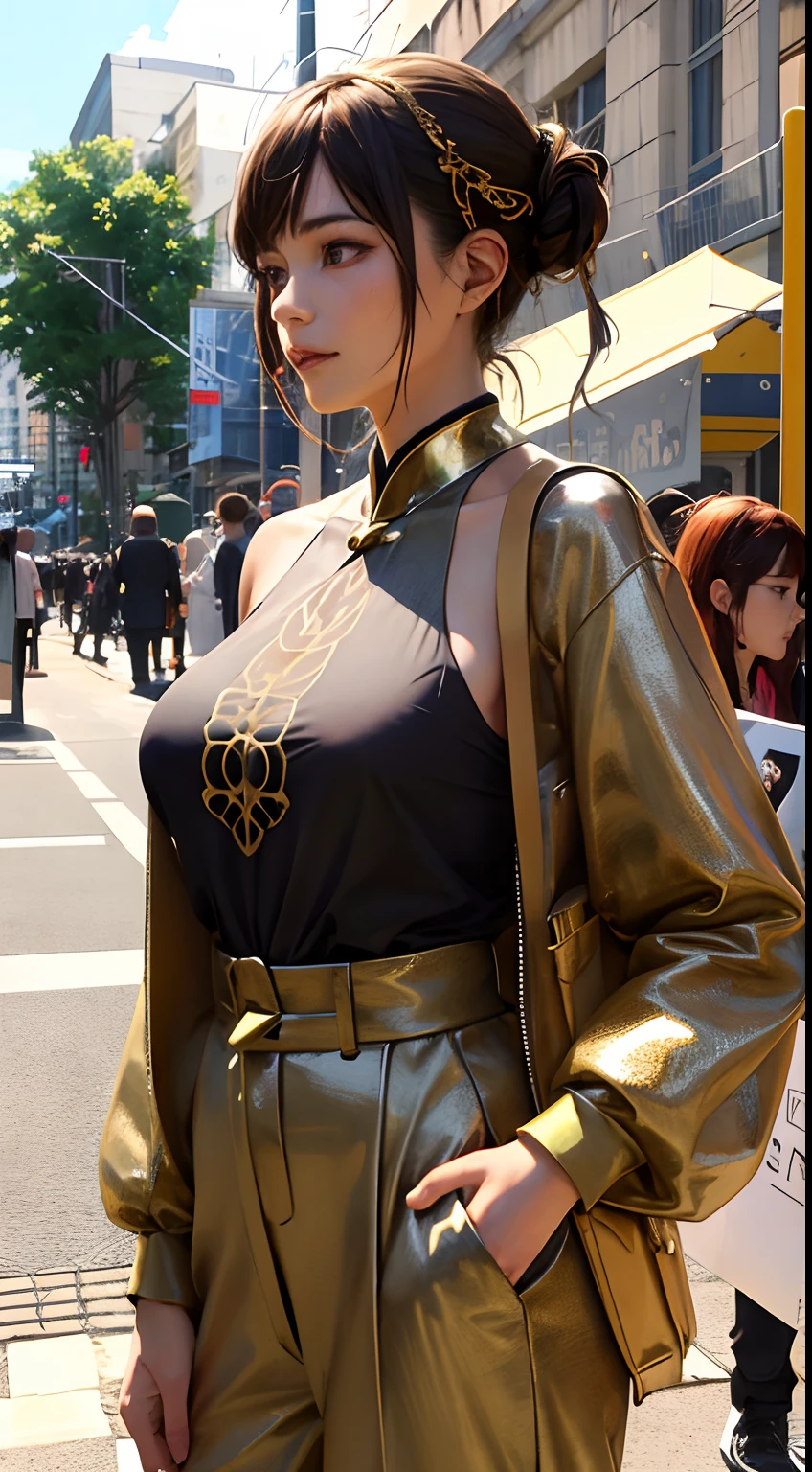 (tmasterpiece,top Quority,best qualtiy,offcial art,Beautiful and aesthetic:1.2),(1girl huge large breasts),waist - up,Tang suit,Hanfu,cyber punk style,mechs,Extremely detailed,Colorful,highestdetailed,offcial art,统一 8k 壁纸,ultra-detailliert,Beautiful and aesthetic,beatifull,tmasterpiece,best qualtiy,(Zentangle,a Mandala,Tangles,Entangled),Sacred Radiance,gold foil,Gold leaf art,glitter drawing,PerfectNwsjMajic、a pixie cut
