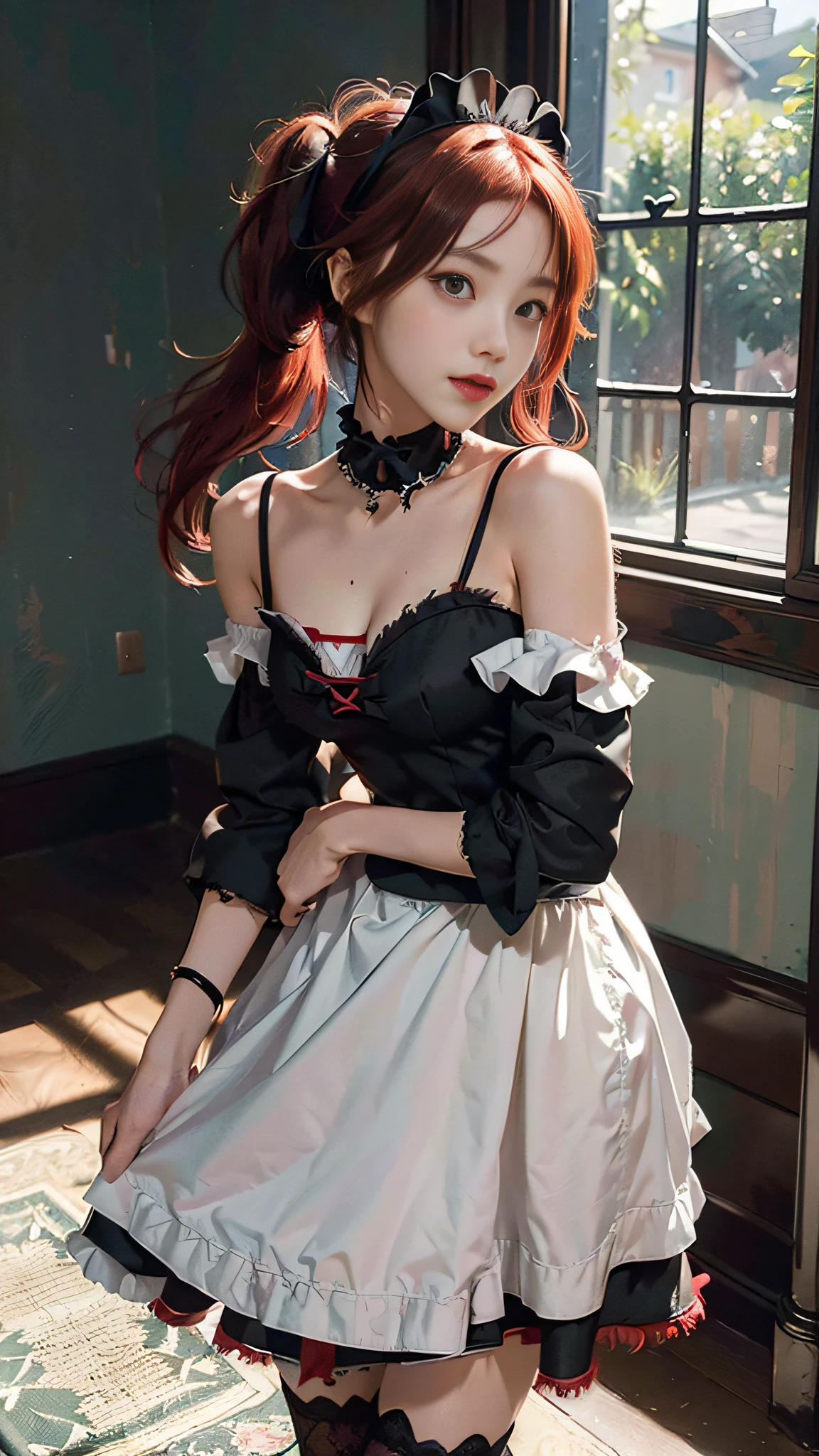 (((Two-dimensional illustration, (red hair with half twin tail), (3/4 eyes), a smile, a young girl of 18 years old, Cute symmetrical face, Black cat ears, red eyes, (Ruffled clothes, Clothing black lace), Interior Green color, a woman, full body, A masterpiece of 2D art, (Masterpiece,Top image quality:1.3),(Details:1.2),(1 girl in), All-black maid clothing , dark night)))