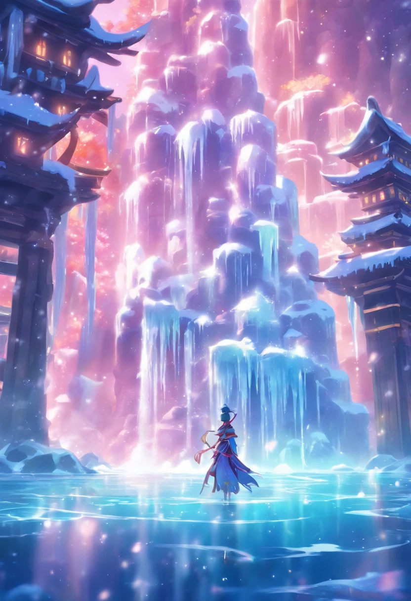 Ice fountains at night in the frozen kingdom,Fantastic concept art,light kingdom backdrop,Wonderful concept art,Radiant concept art,Onmyoji exquisite art,Fantasy 2D concept art,Magnificent temple background,Fantastic concept art,A charming place in anime style,submerged temple dance scene,jellyfish temple,Immersive temple ceremony scene,Eternal fountain。