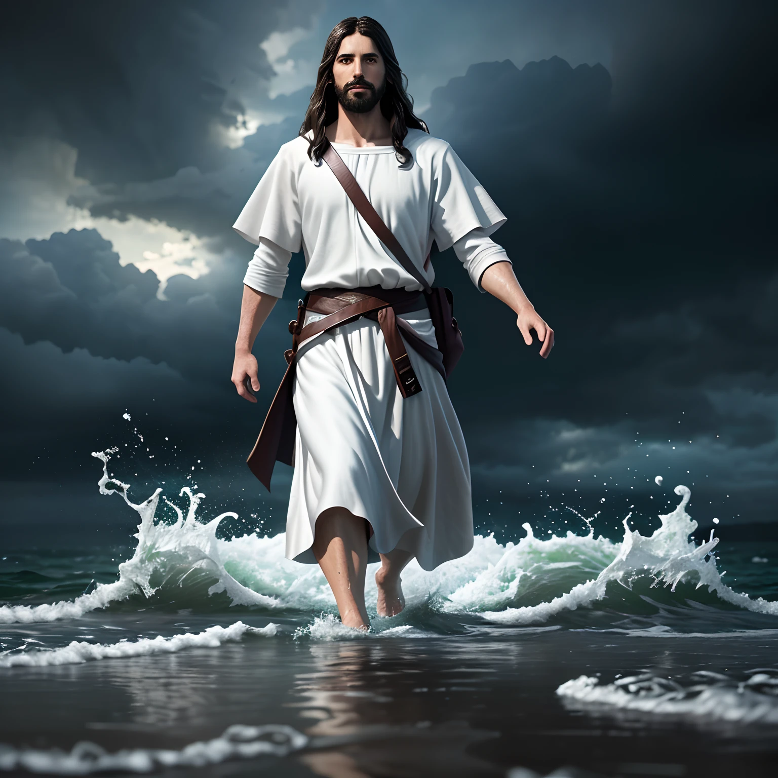 jesus walking on water in a storm, masterpiece, best quality, high quality, extremely detailed CG unit 8k wallpaper, award winning photography, Bokeh, Depth of Field, HDR, bloom, Chromatic aberration, photorealistic, extremely detailed, trending on artstation, trending on CGsociety, intricate, high detail, dramatic, mid-journey art, volumetric lighting