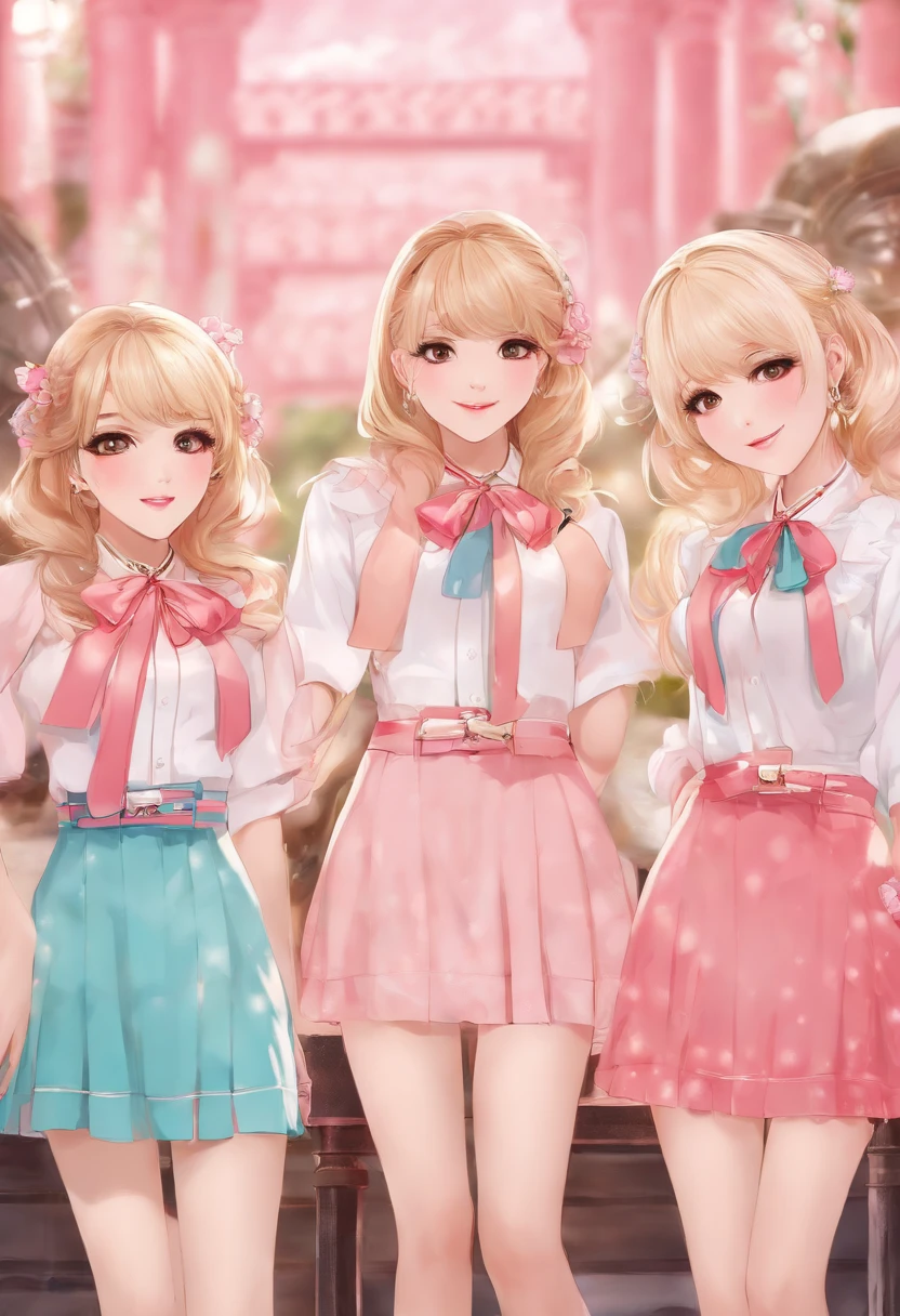 japanese pretty girl, fashion, blonde hair, pink highlight hair, cute, eye contact, masterpiece, pretty girl group, group of 3 girls, sexy outfit, cute smile