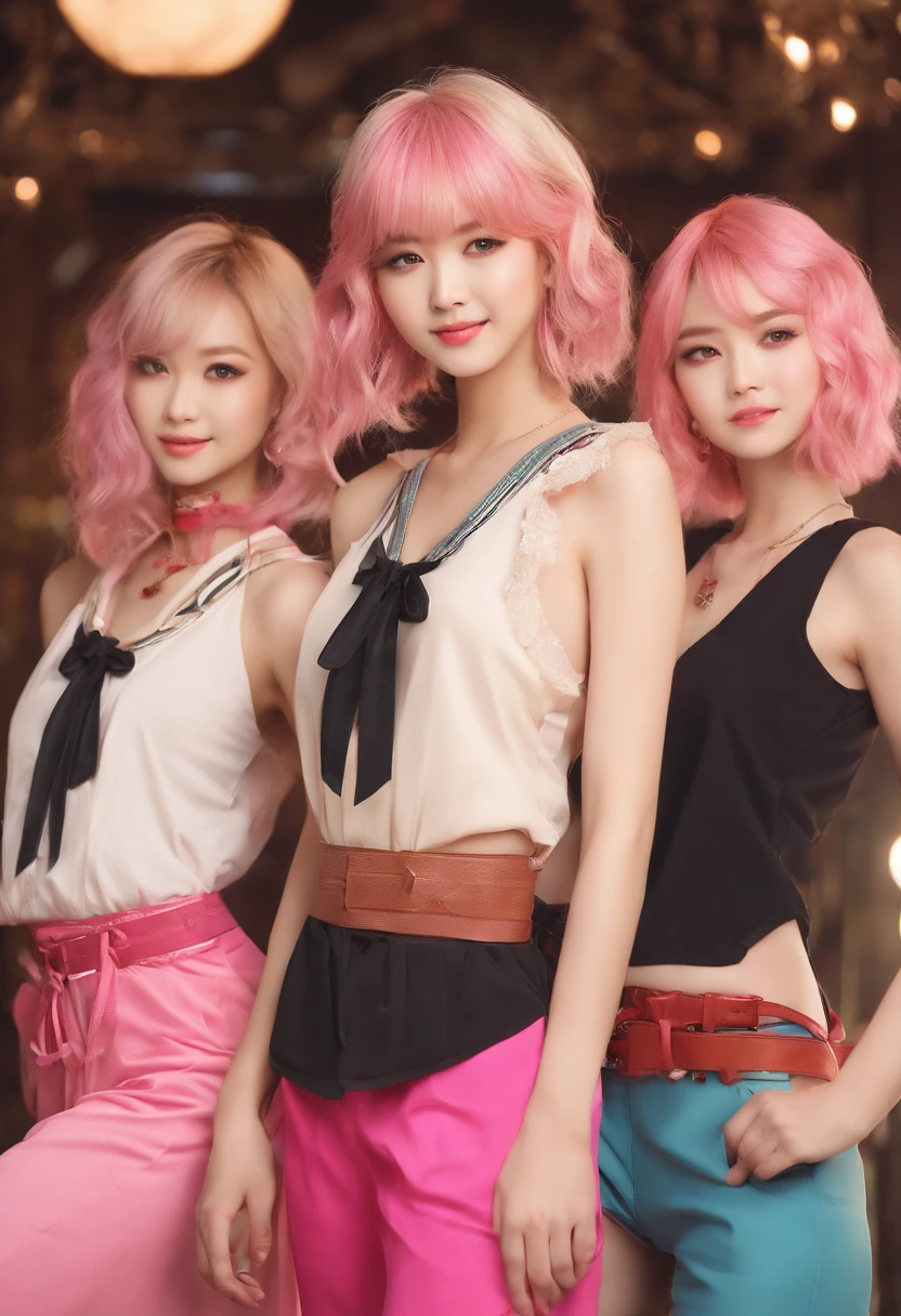 japanese pretty girl, fashion, blonde hair, pink highlight hair, cute, eye contact, masterpiece, pretty girl group, group of 3 girls, sexy outfit, cute smile