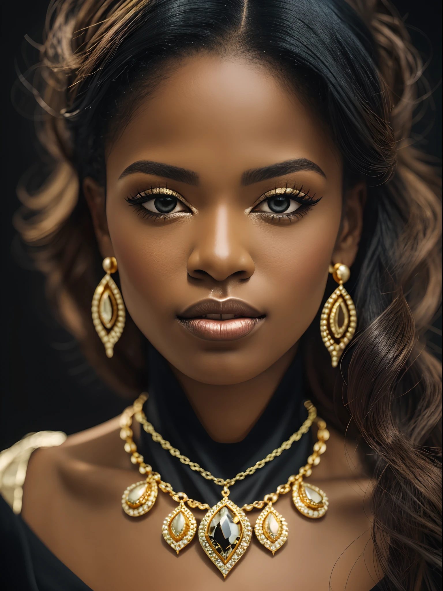 a black woman, realistic portrait, with tied up hair, shiny gold glitter makeup, with a long gold necklace and earring, with soft lighting, on a black background --auto --s2