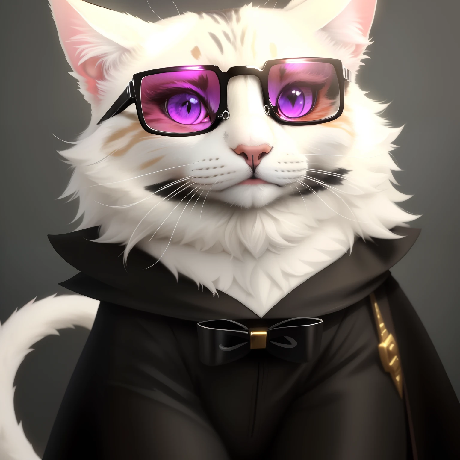 a cat, glasses, black costume with white details, 4k, super detailed, high quality, fine details, cinematic, old anime style