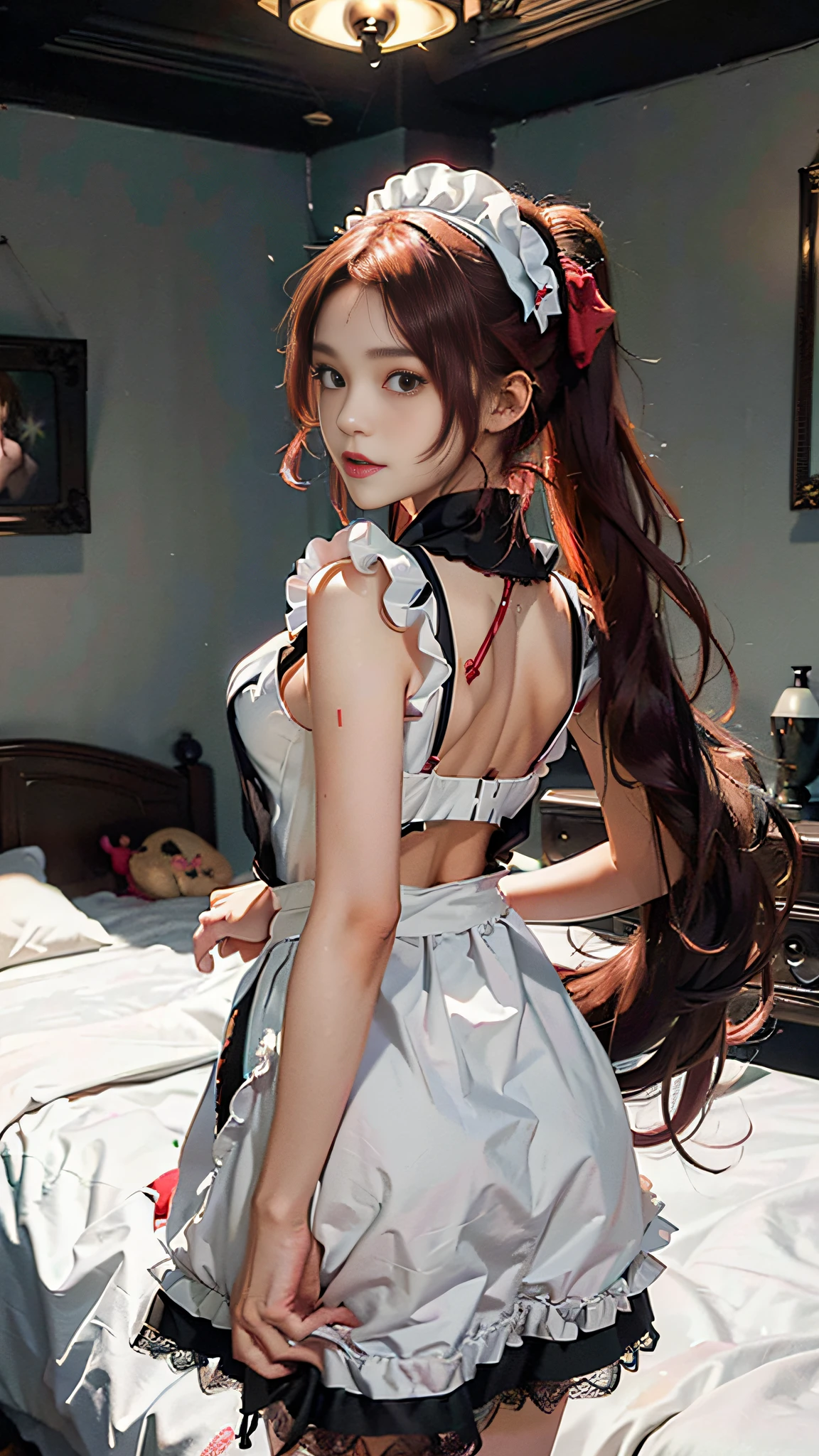 (((Two-dimensional illustration, (red hair with half twin tail), (3/4 eyes), a smile, a young girl of 18 years old, Cute symmetrical face, Black cat ears, red eyes, (Ruffled clothes, Clothing black lace), Interior Green color, a woman, full body, A masterpiece of 2D art, (Masterpiece,Top image quality:1.3),(Details:1.2),(1 girl in), All-black maid clothing , dark night)))