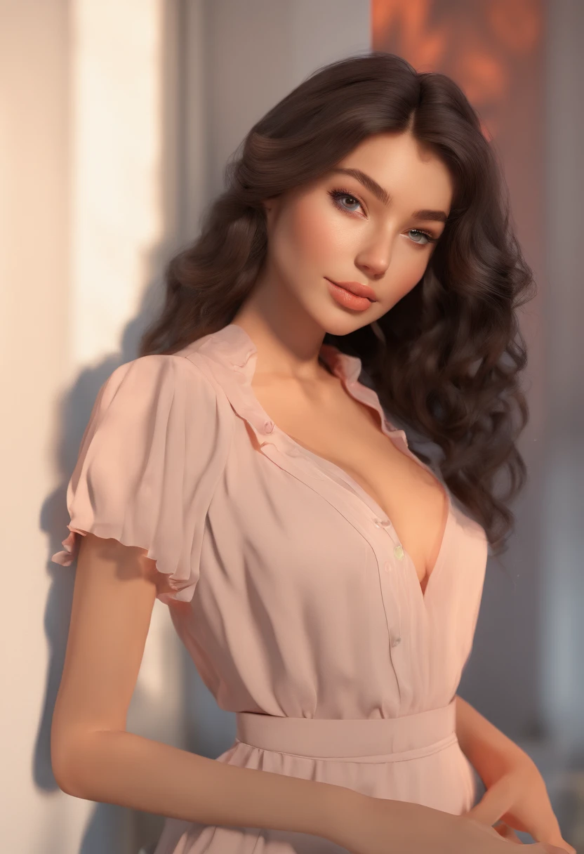 bloom, lens reflection, (8k, RAW, professional, best quality, masterpiece: 1.2), (realistic, photorealistic: 1.37), ultra-detailed, (wide-angle 25mm portrait), (most detailed skin: 1.2), very detailed face, cinematic lighting, 1girl, curly black hair, (windy), standing on the couch, dark light, looking at the camera, large breasts, black and red blouse