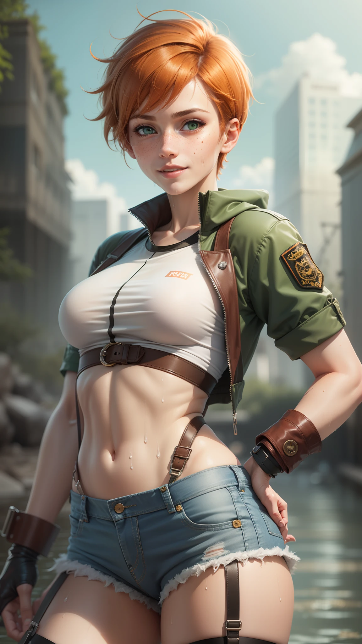 gwen tennyson,tracer,rebecca chambers,cammy white,military uniform, teenager, green eyes,garter belt,striped panties,short hair,orange hair,river,shy smile,ginger,striped see-through top, denim micro shorts,freckles,beautiful girl,wet clothes,stockings,large breasts, ultra detailed,realistic,unbuttoned shorts,