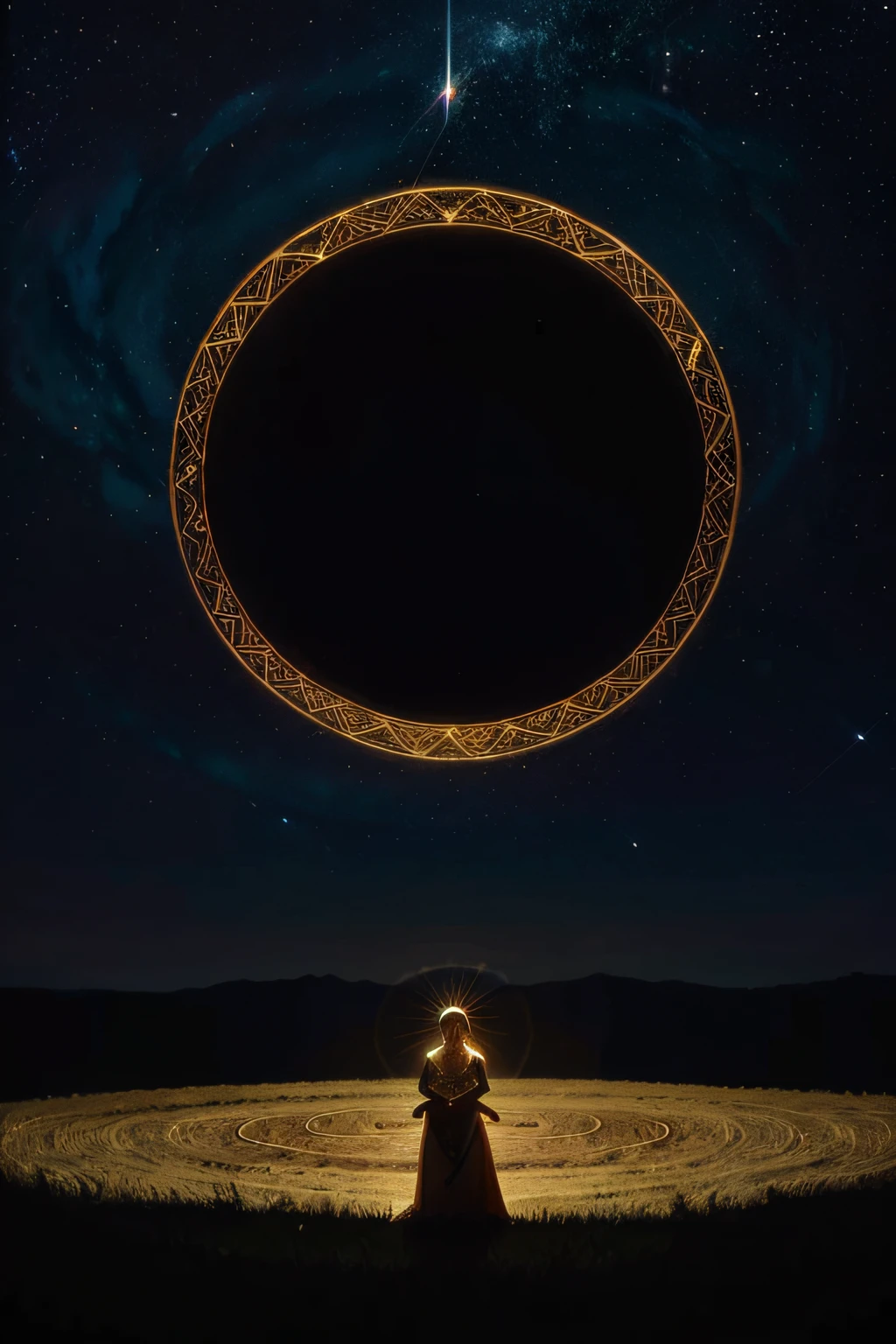 An enchanting portrait of a beautiful Mexican woman standing in a crop circle, looking at starlit expanse of the universe, surrounded by celestial bodies,  evoking a sense of tranquility and profound introspection, Artwork, combining painting, digital elements, and gold leaf accents, creating a visually stunning and multi-dimensional piece, --ar 16:9 --v