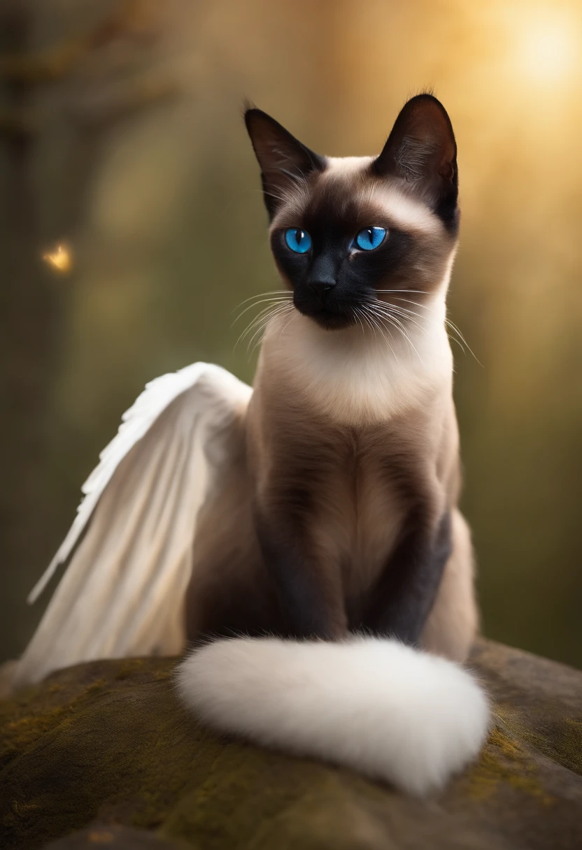 Make a Siamese cat with angel litte wings, heaven as the backgroud, realistic