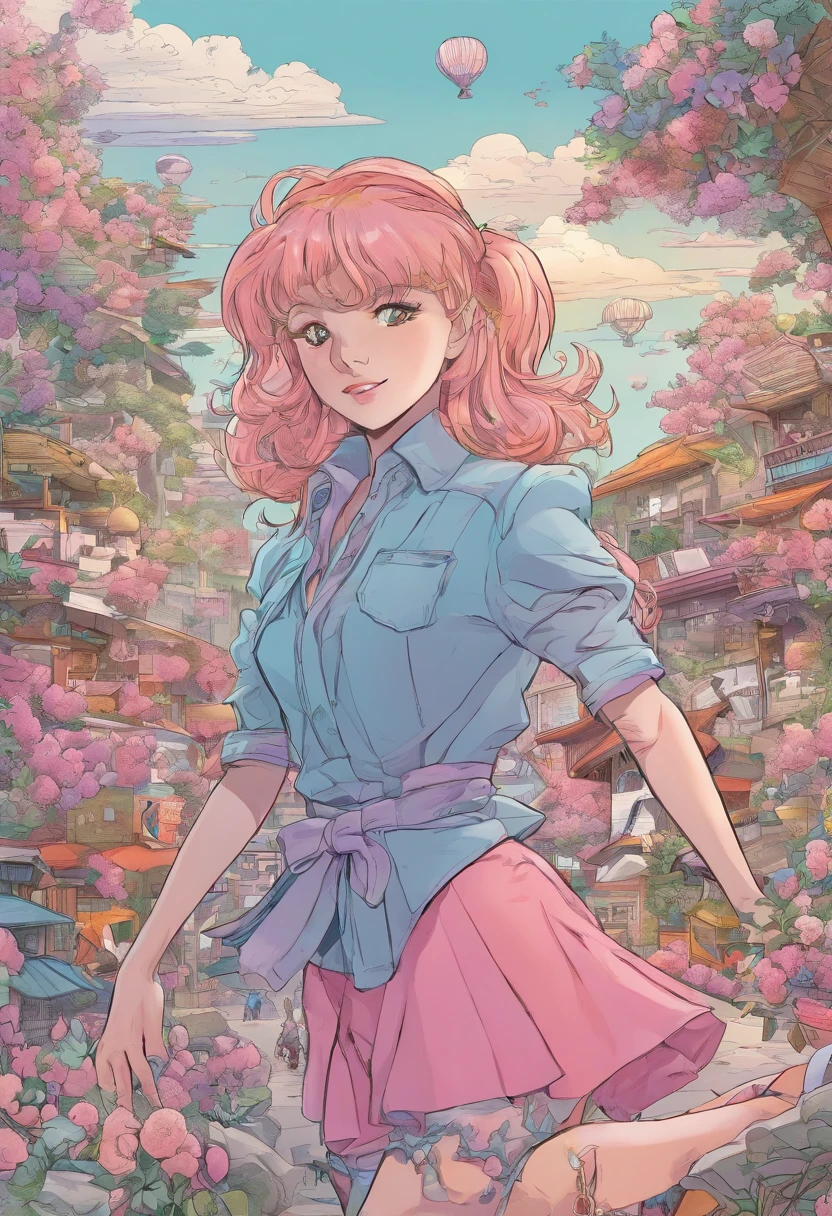 Quadrinhos de anime, The comic is presented in several irregular panels with colors. O garoto americano de cabelo platinado, bumps into a pink-haired girl is lilac eyes, Letting multiple papers fall, He helps her pick it up they touch her hand and he looks into the back of her eyes amazed with such beauty. The style is exaggerated and detailed