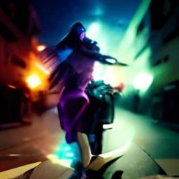 Mulher Trinity de Matrix atirando com duas pistolas no meio da rua, Cena de filmagem, 4k, Cinematic light